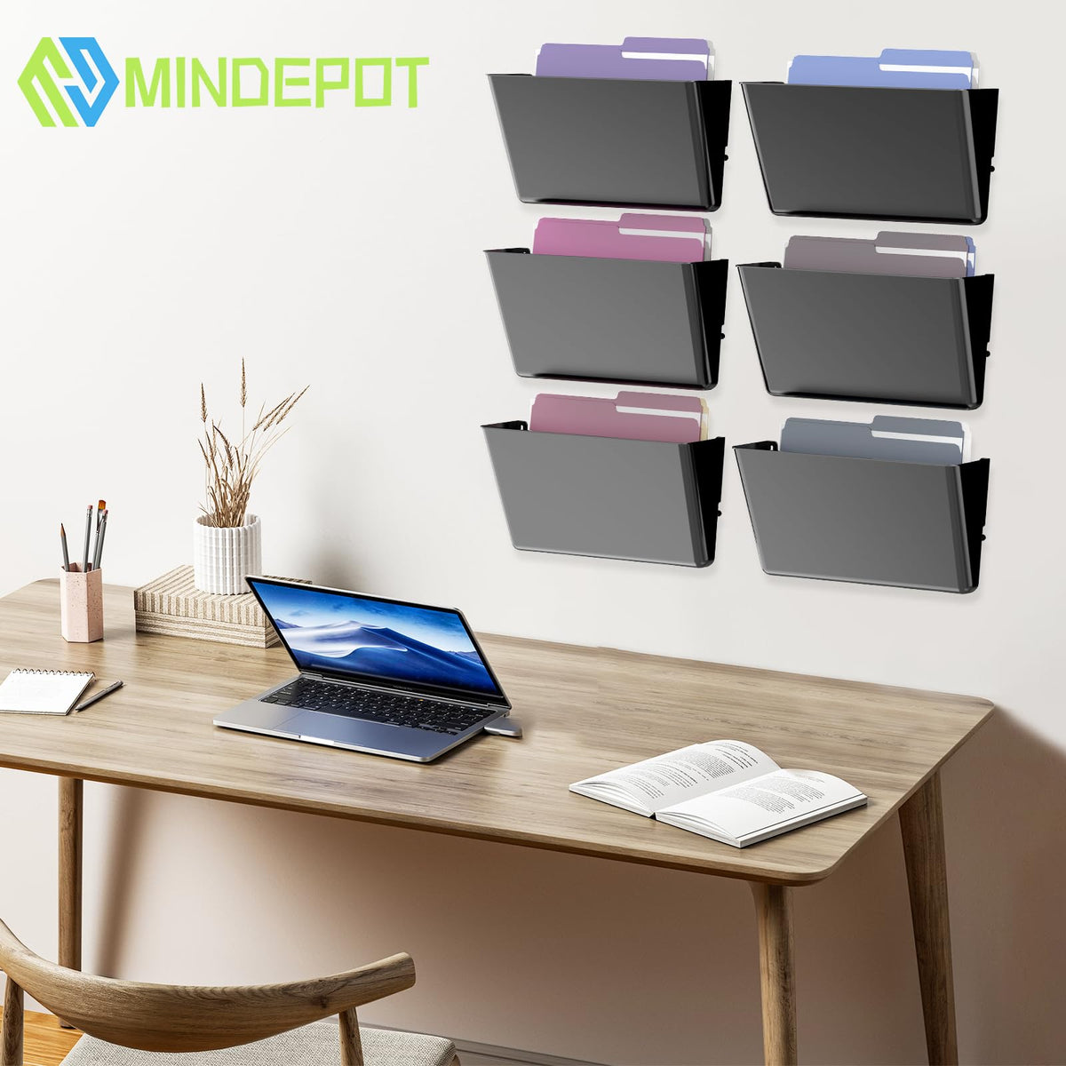 MINDEPOT 6 Pockets Acrylic Wall File Organizer, Clear Wall File Holder, Plastic Hanging Wall File Holder for Office, School and Home, Black