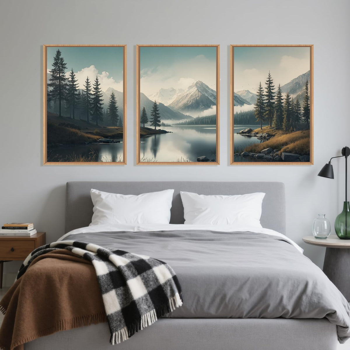 LHIUEM Large Mountain Misty Forest Framed Canvas Wall Art,Nature Ridge Foggy Wall Decor,Snow Lake Woodland Wall Painting,Pine Tree Artwork for Living Room,Bedroom,Dining Room,Office -16"x24"x3
