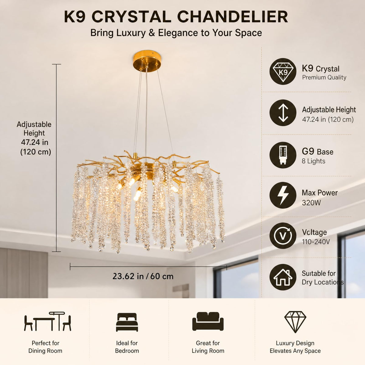 AKDXIRUN Gold Crystal Tree Branch Chandelier, 8-Light Modern Raindrop Pendant Light Fixture with Adjustable Chain & Dimmable, Luxury Unique Ceiling Light for Dining Room Living Room Bedroom, W24in