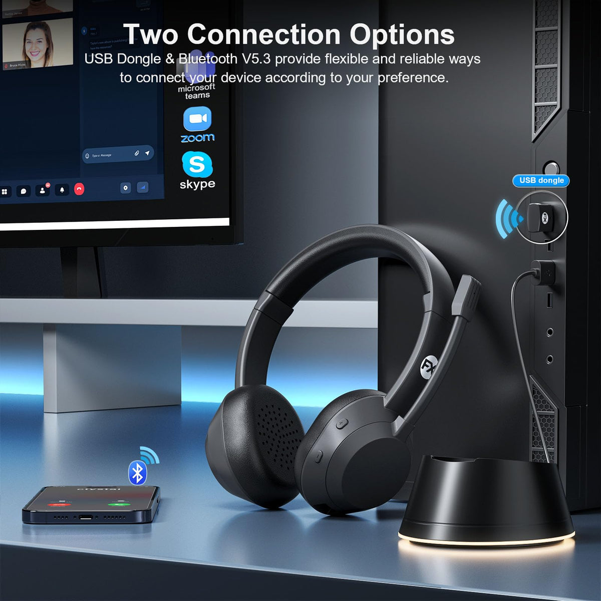 FXWONTY Wireless Headset, Bluetooth Headphones with Mic(AI Noise Cancelling), 65 Hrs Working Time with USB Dongle, Wireless Headset with Mic for Work from Home/Computer/Laptop/PC/Android