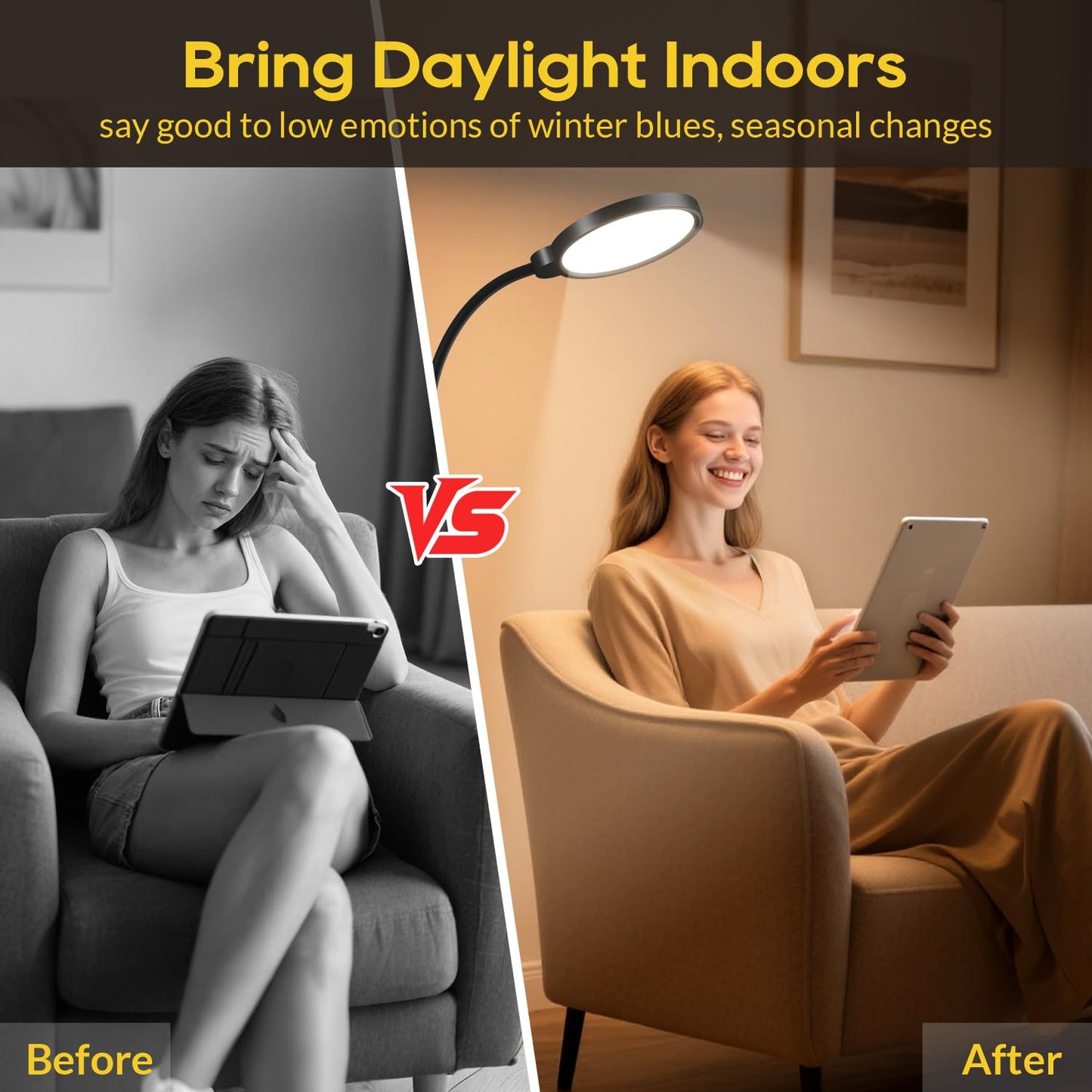 Morfone Light Therapy Lamp, 11000 Lux UV-Free Floor Sun Light Lamp with Touch Remote Control, 5 Color Temperatures 10 Brightness Levels Lights for Living Room Bedroom Office (Black)