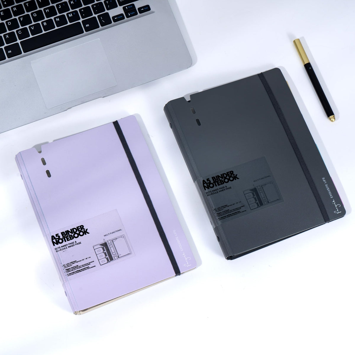 CAGIE A5 Binder 6 Ring Notebook with Dividers Refillable Planner Binder with Pockets, Refill Paper Include Planning Square Ruled and Dotted Pages, 6.89 x 9.25 in, (Grey and Purple, A5 Daily&Dot Page)