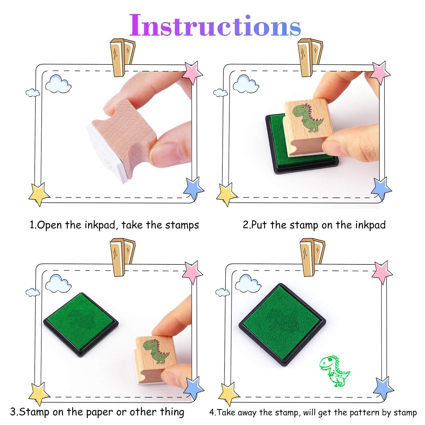 HOWAF 16pcs Wooden Stamps for Kids Boy Crafts with Ink Pad 4pcs, Dinosaur Football Outer Space Pirate Car Stamps for DIY Scrapbook Card Making, Party Bag Fillers Favor for Boys Christmas Birthday Gift