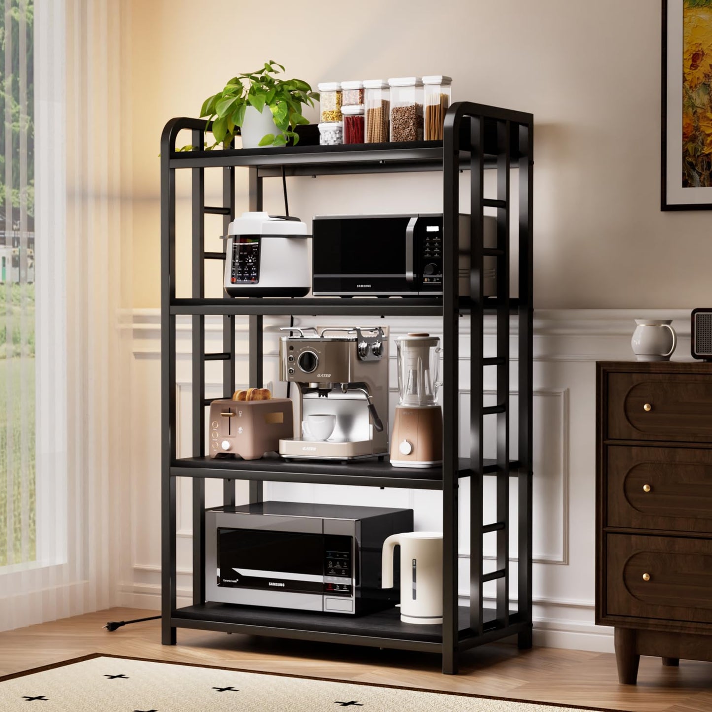 TIFFLOI Adjustable Bakers Rack with Power Outlet, 4 Tier Microwave Oven Stand, Heavy Duty Kitchen Storage Rack for Garage Dining Room, Black
