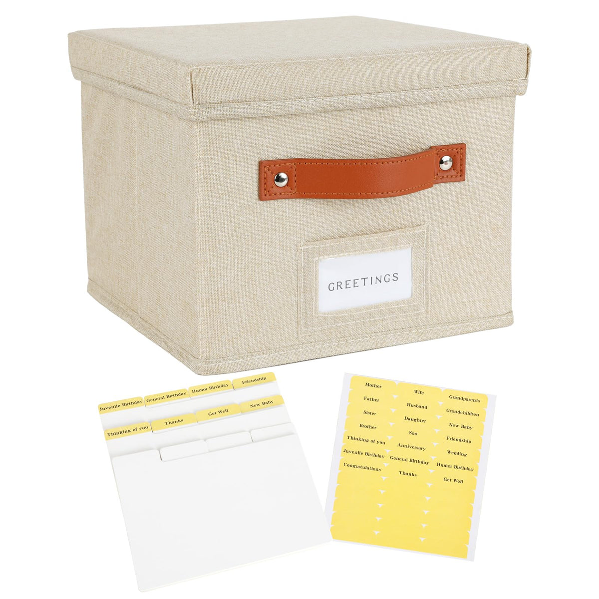 TARSUKA Greeting Card Organizer with dividers - Storage Box with lid Holds 150+ Cards - Assortment Box for Greeting Cards,Recipes, Photos, Envelopes, Keepsake - 9 x 9 x 7 Inches (Beige, 1 pcs)
