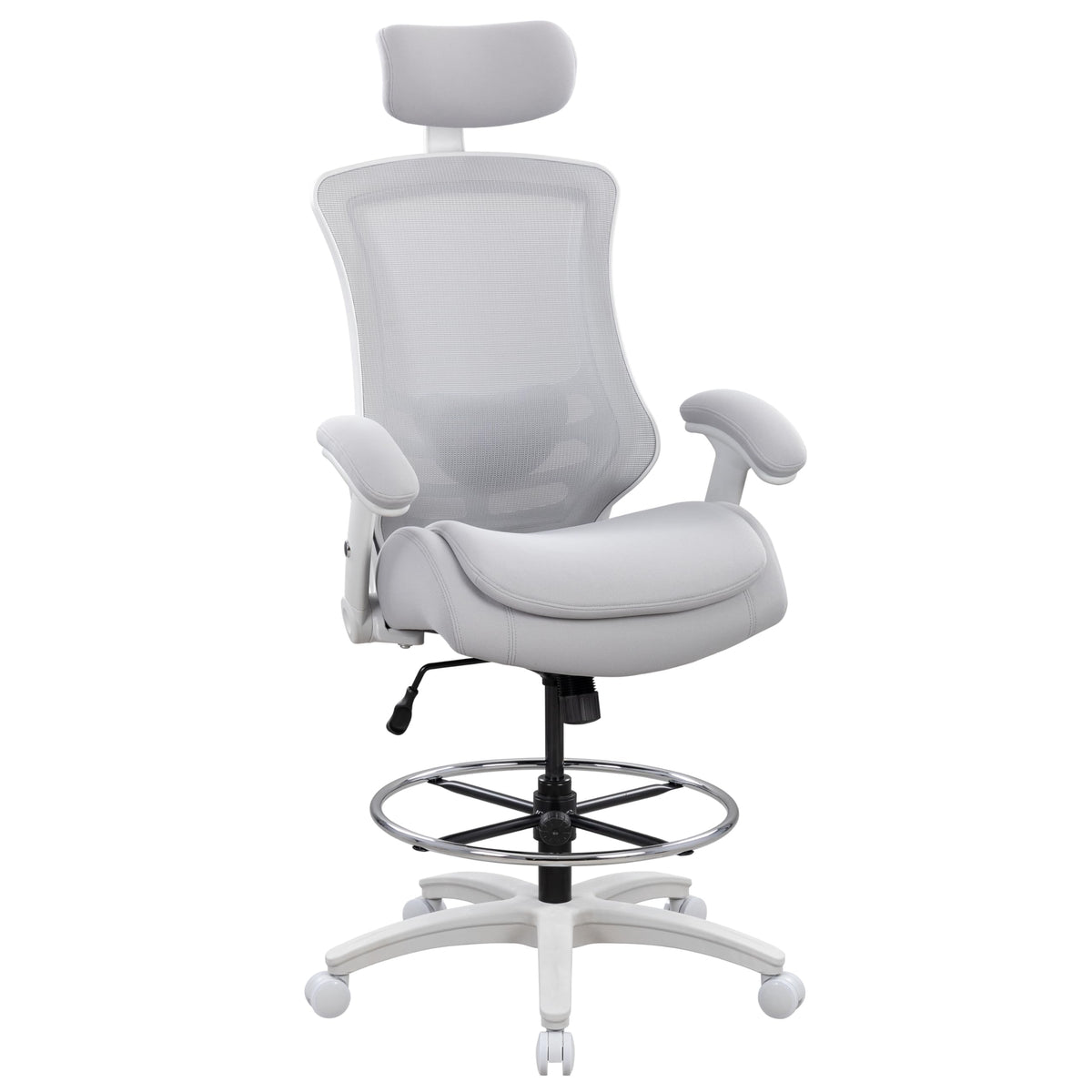 BOLISS Ergonomic Drafting Chair High Back Tall Office Chair for Standing Desk with Double-Layer Seat Cushion, Adjustable Headrest & Lumbar Support, Flip-Up Arms, and Metal Foot Ring (Grey)