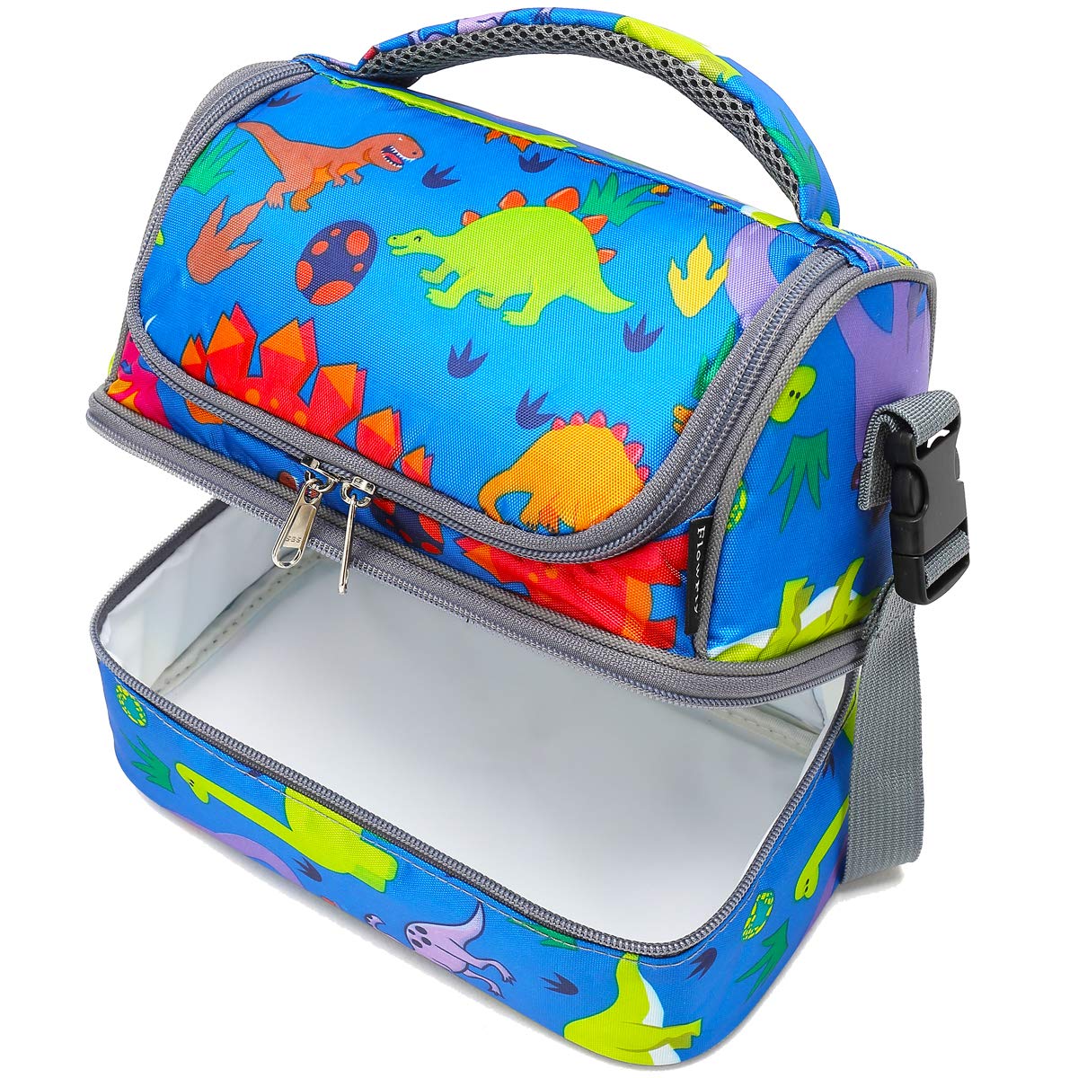 FlowFly Kids Double Decker Cooler Insulated Lunch Bag Large Tote for Boys, Girls, Men, Women, With Adjustable Strap, Dinosaur