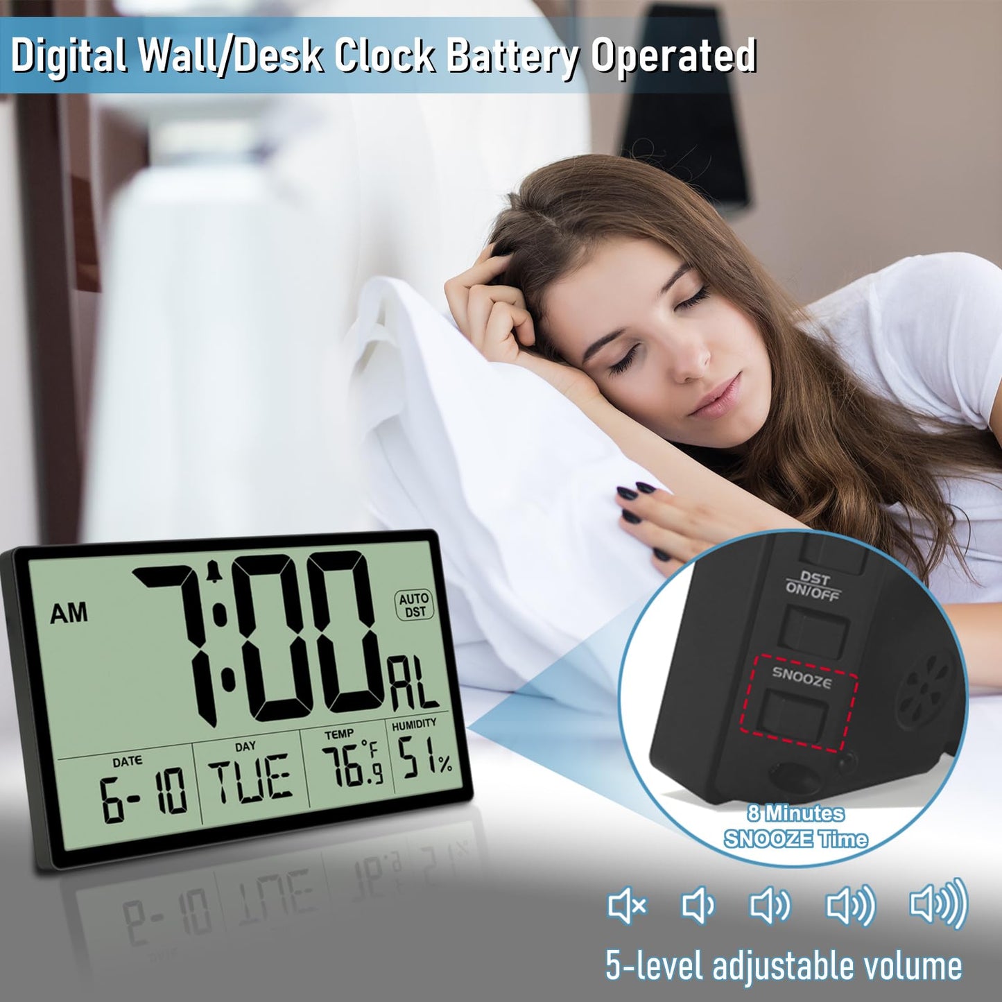 9‘’ Narrow Bezels Battery Operated Digital Wall Clock with Temperature and Humidity - Auto DST, Large 2⅝'' Digits, 5-Level Volume Alarm (3 AA Included) - Wall Mount/Desktop for Office Bedroom Kitchen