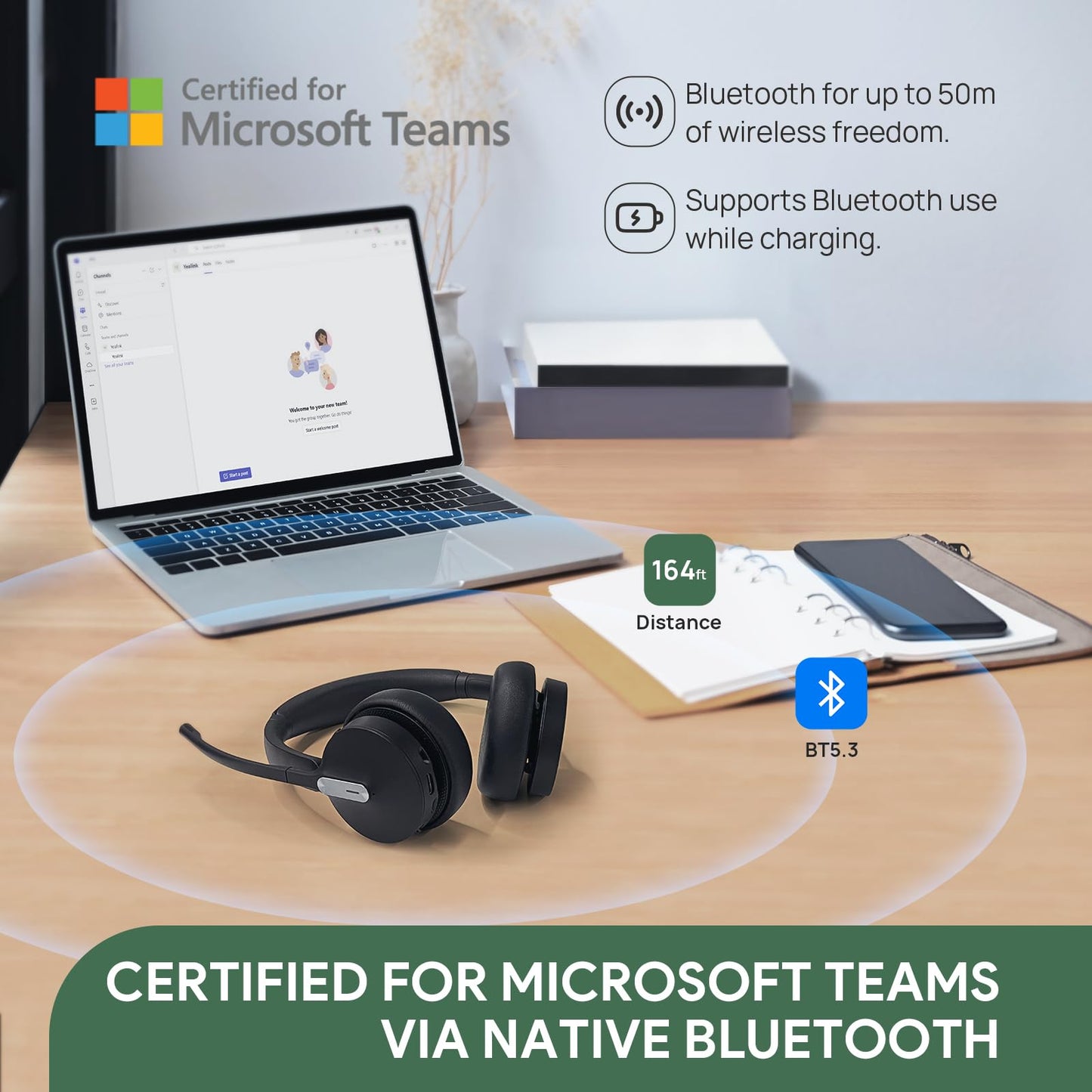 Yealink BH70 Mono Teams Wireless Headset with Mic for Work, Microsoft Teams Certified Bluetooth Headphone for 35h Calling, 91g All-Day Wearing Comfort, Perfect for Open Office, USB-C/A