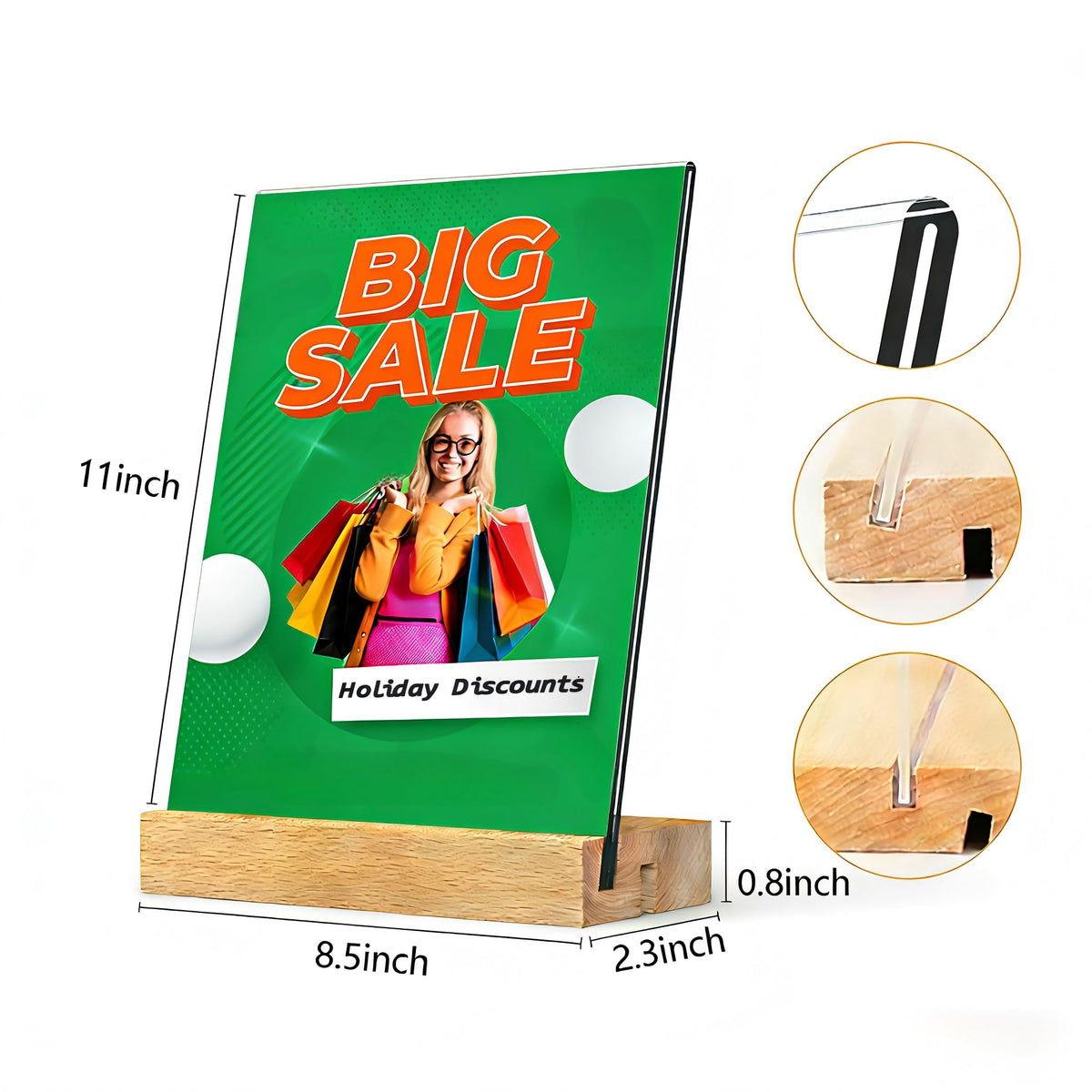 TONICE 8.5 x 11 Acrylic Sign Holder with Wood Base 3 Pack L/T Shape Vertical or Slant Back Display for Wedding, Restaurant, Store, Office, Hotel