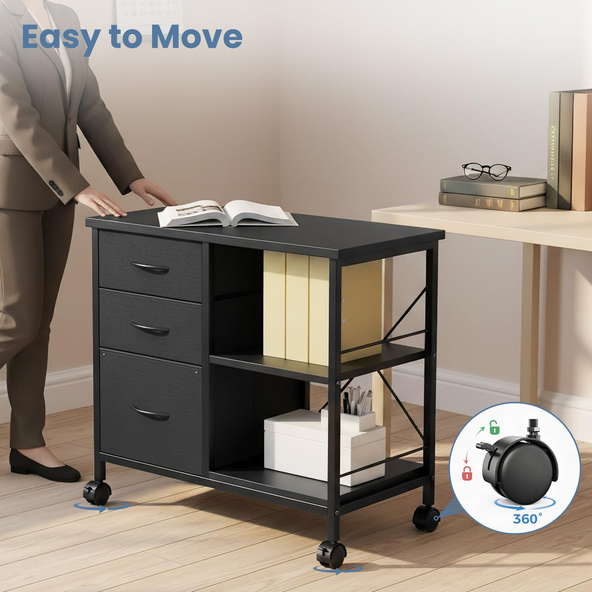 DUMOS 3-Tier Mobile File Cabinet, Printer Stand with Storage, Office Table with Drawers and Back Support Bar, Holds 110lb for Home Office, Rustic Black