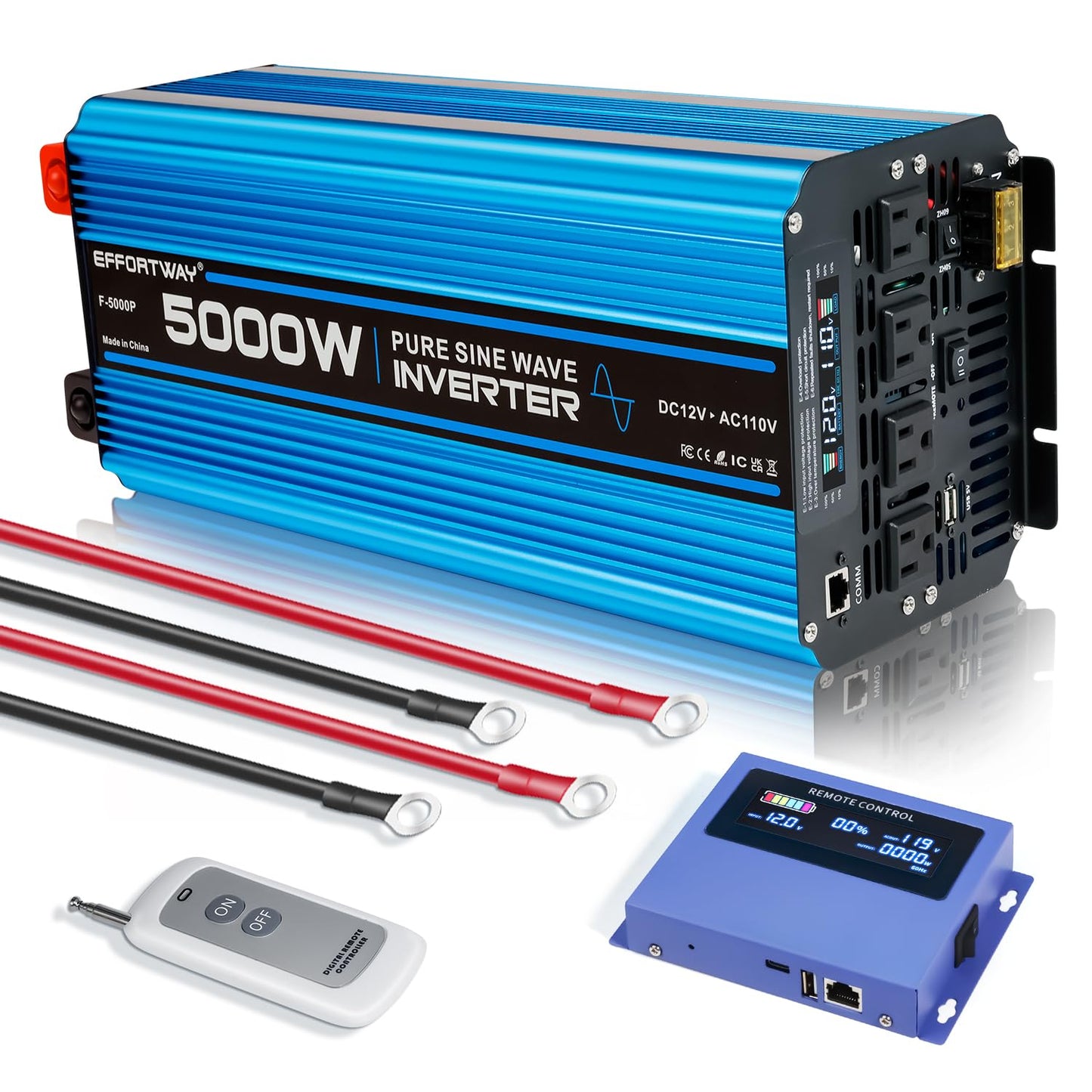 5000W Pure sine Wave Inverter DC 12V to AC 110V/120V Converter 10000w (Peak) with LCD Display Wireless/Wired Remote Control 4AC outlets 4USB and Hardwired AC.Ideal for RV Travel Off-Grid Solar Systems