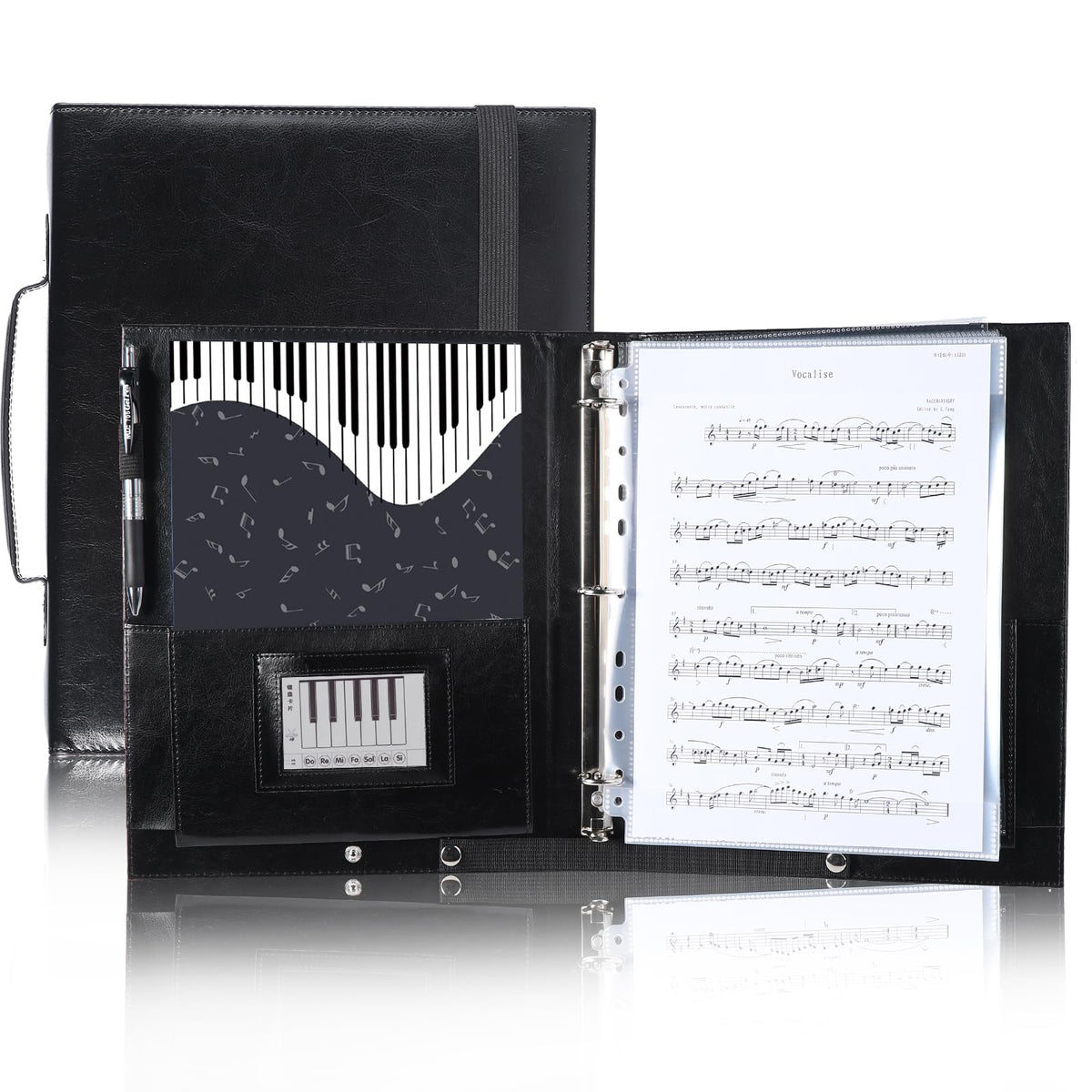 Choral Sheet Music Folder Organizer: 3 Ring Piano Music Binder with Plastic Sleeves - PU Leather Choir Folders with Hand Strap Elastic Band Fits Letter Size 8.5 x 11 inch, Black