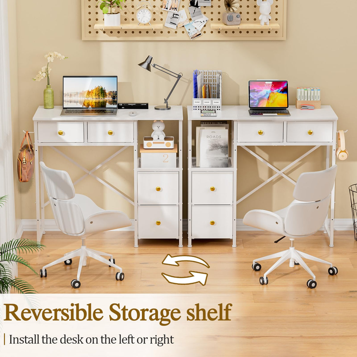 3IngSeagulls Small Computer Desk with 4 Fabric Drawers, Simple Writing Desk for Home Office, Compact Study Desks for Small Spaces, Kids Desk Study for Bedroom, White