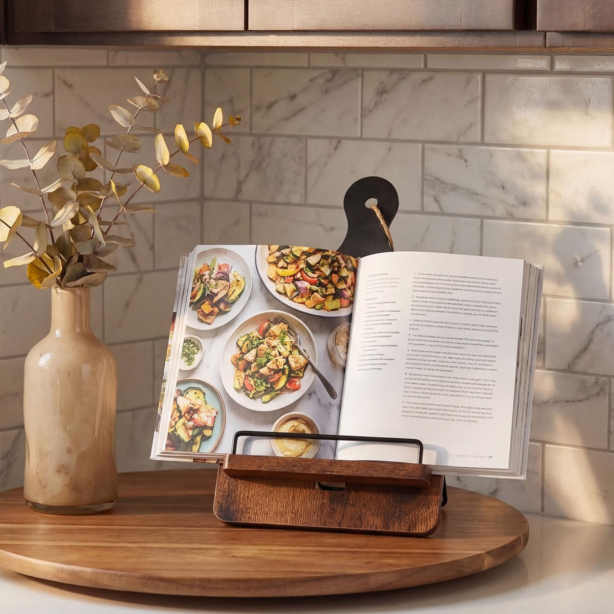 Wenqik Rustic Wooden Cookbook Stand with Charging Slot, Farmhouse Adjustable Recipe Book Holder for Kitchen Counter Tablet Magazine Display, Gifts for Chef Mom Dad Cooking Lover