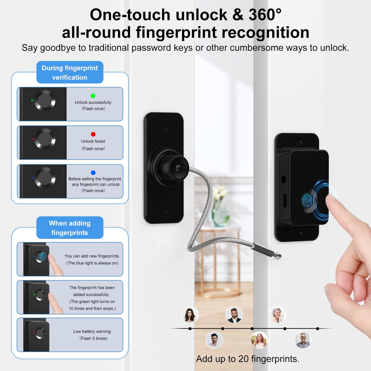 Larimuer Fingerprint Fridge Lock - Child & Pet Proof Security for Drawers, Cabinets, Ovens, Toilet | Smart Biometric& USB Key | Easy Install | Quick Unlock (Black, 1 Pcs)