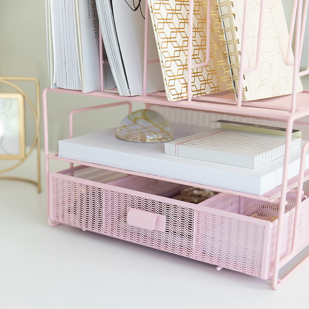 BLU MONACO | Pink Desk Organizer with Drawer | Wire Mesh Desk Organizer File Sorter | Metal Desktop Storage for Office Workspace