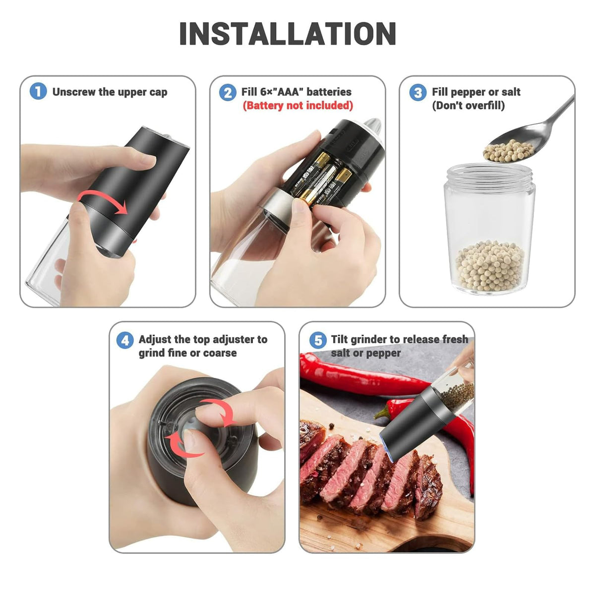 Gravity Electric Salt and Pepper Grinder Set, Battery Powered LED Light One Hand Automatic Operation, Adjustable Coarseness Mill Grinders Shakers Black (A.Black 2p)