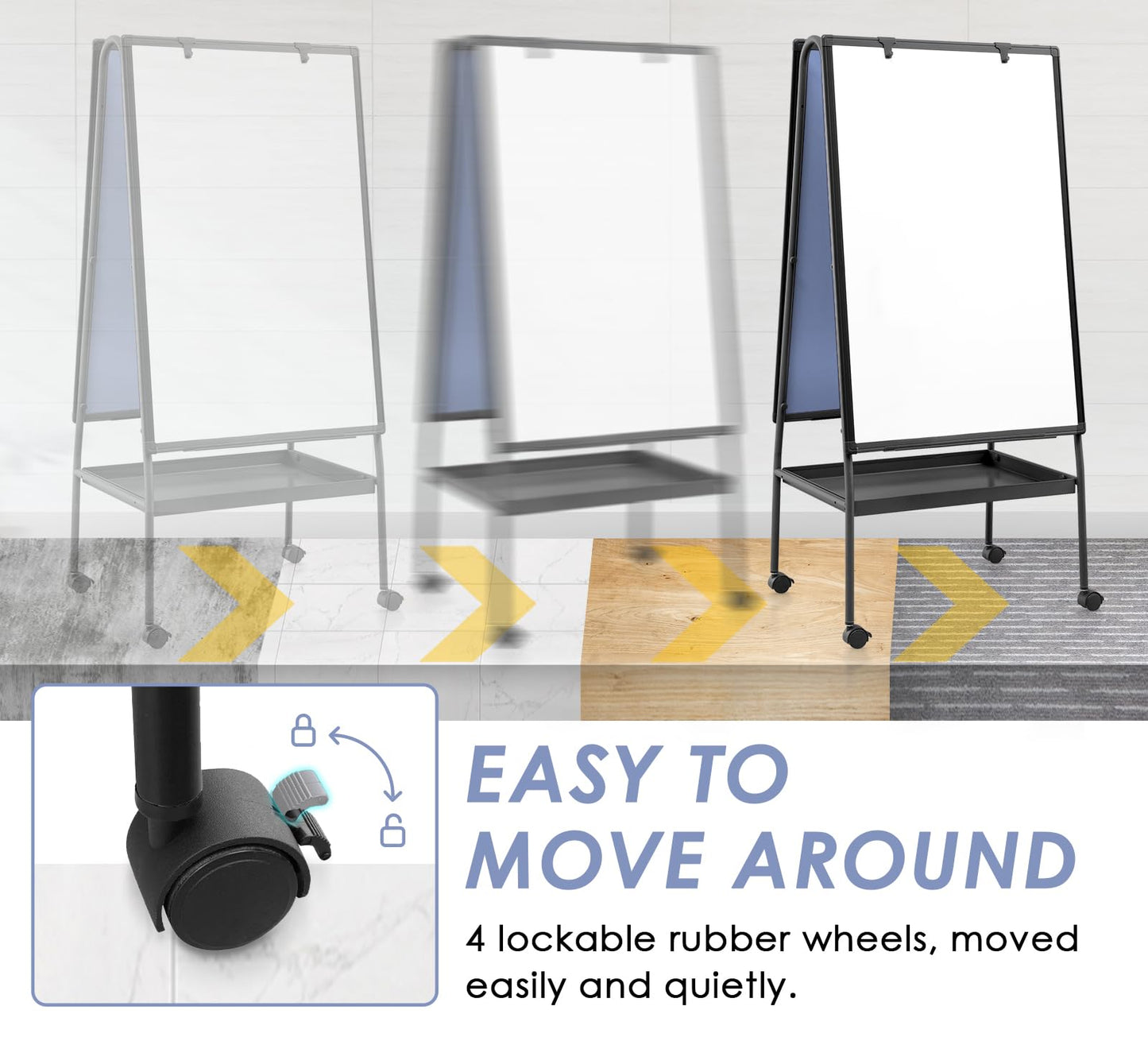 MAKELLO Rolling Whiteboard on Wheels 36x24 in, Double Sided Mobile White Board with Storage Tray for Office School Home, Magnetic Classroom Easel for Teacher, Height Adjustable, Aluminum Frame, 3'x2'