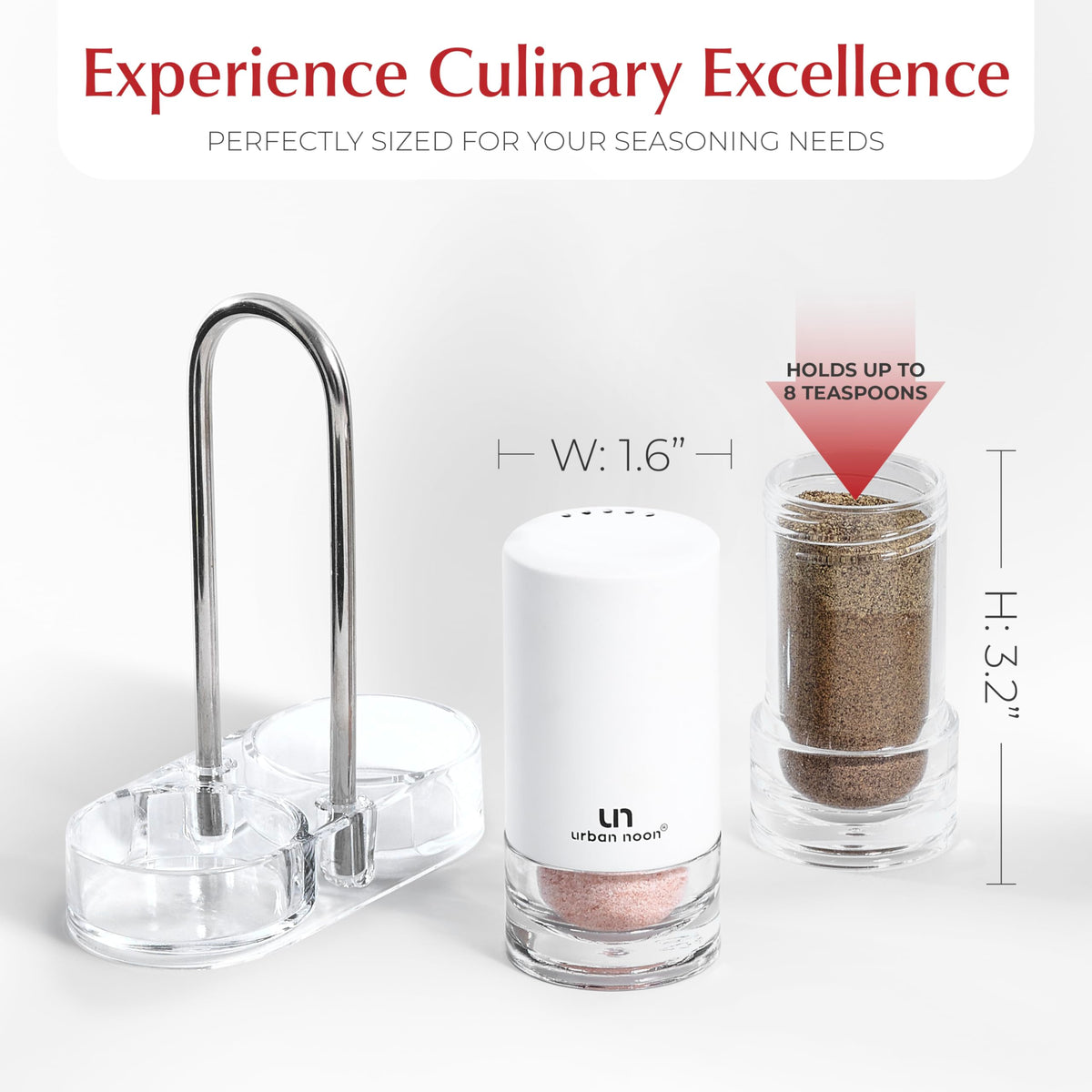 White Salt and Pepper Shakers with Holder - Elegant Stainless Steel Salt Shaker and Pepper Shaker Set with Acrylic Holder for Kitchen Counter or Restaurant Table