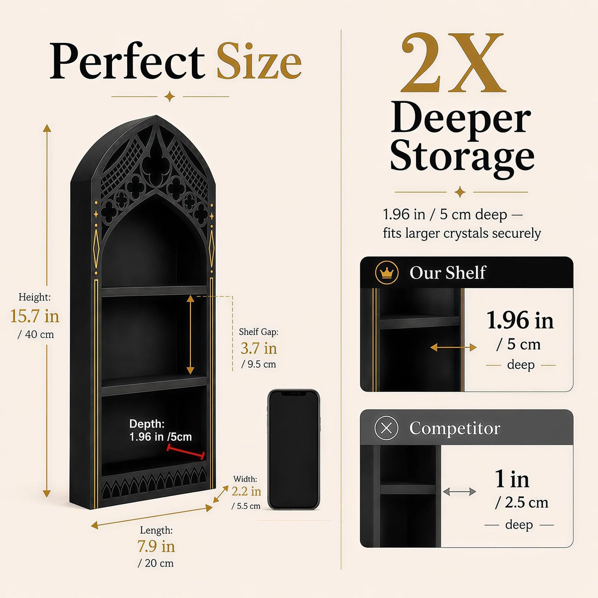 HBSGS Gothic Window Crystal Display Shelf, 1.96" Deep Wooden Wall Mounted Gemstone Crystal Holder, Witchy Decor Trinket Organizer for Healing Stones -2026 Upgraded (Window-7.9" W x 15.7" H)