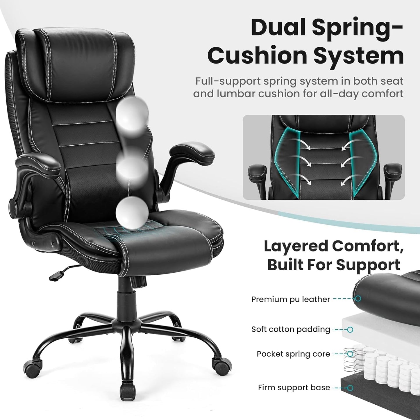 Big and Tall Executive Office Chair 400lbs for Heavy People, Ergonomic Computer Desk Chair with Lumbar Support & Adjustable Headrest, Comfy High Back Leather Office Chairs for Back Pain Relief, Grey