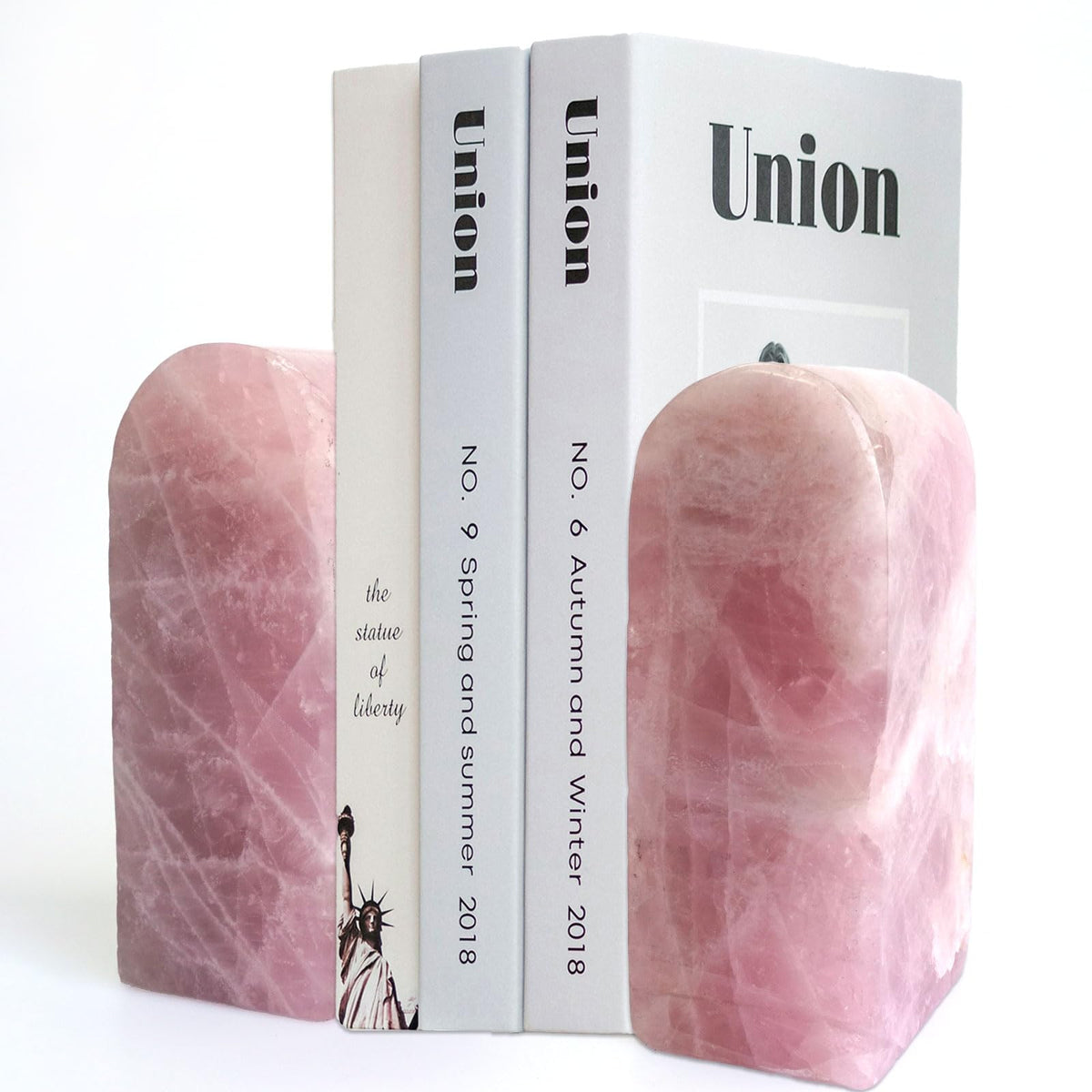 Sisamn Natural Rose Quartz Bookends 3.5-4 lbs Pink Crystal Stone Decorative Bookends with Non-Slip Bumpers for Home and Office Decor