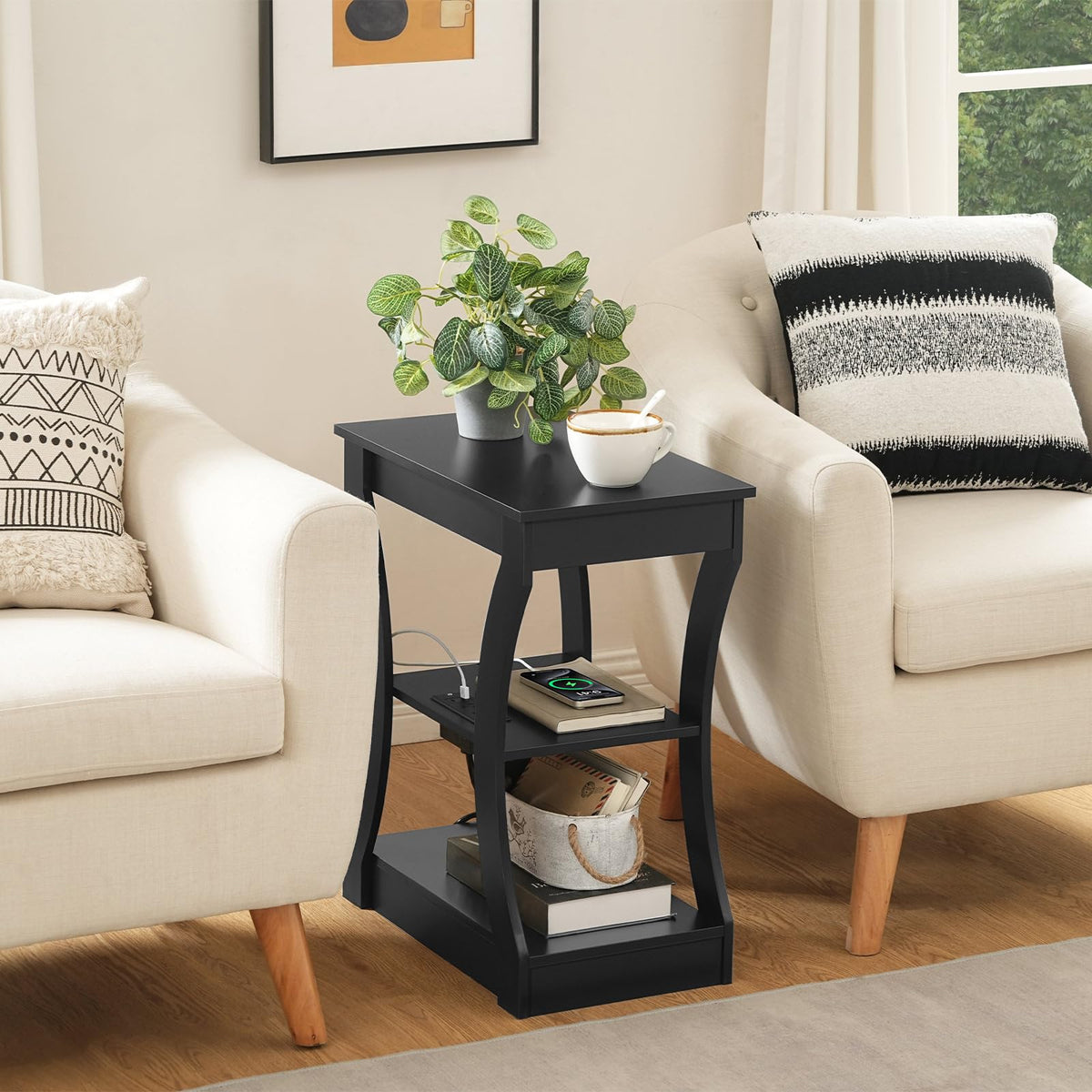 MAHANCRIS Black End Table with Charging Station, Skinny Side Table with USB Ports and Outlets, Nightstand, 3 Tier Bedside Table with Storage Shelf for Living Room, Bedroom, Small Space ETBK53E01