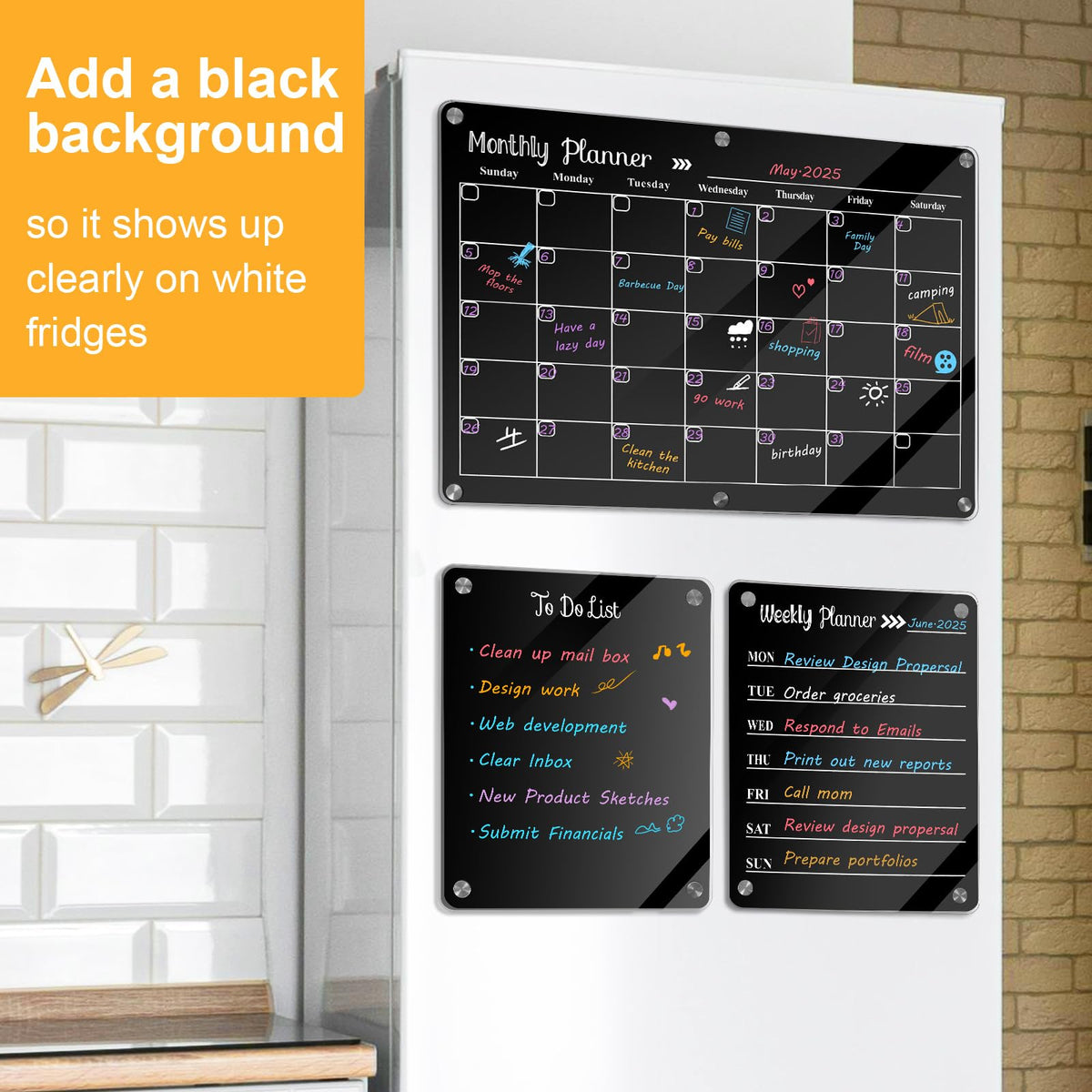 LCPCX Acrylic Magnetic Dry Erase Board for Fridge, Set of 3 Transparent Monthly & Weekly Planning Boards, Includes 6 Dry Erase Markers, 1 Eraser and Magnetic Pen Holder