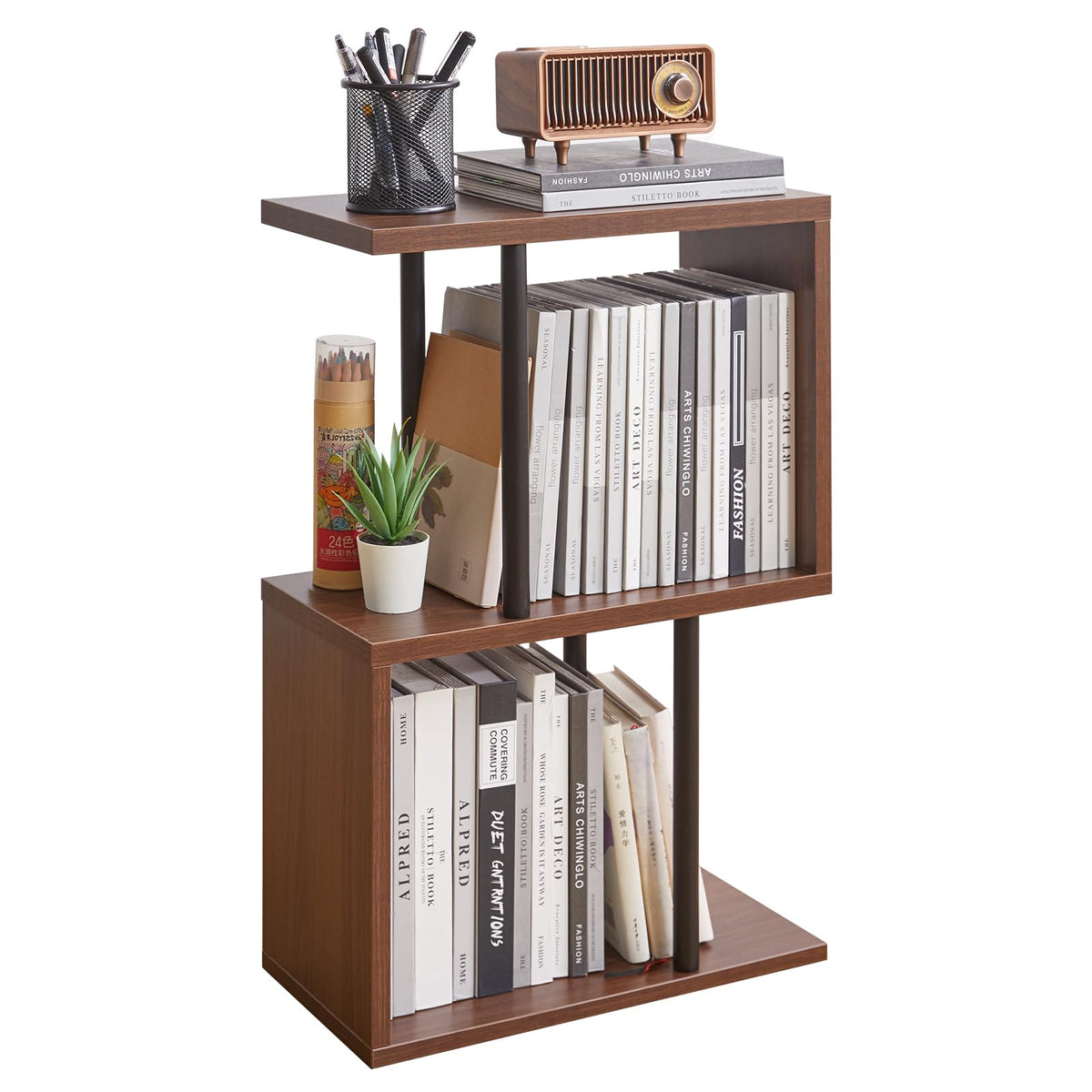 Aibiju S-Shaped Side Table, 3-Tier End Table with Open Storage Shelves, Non-Slip Feet, Modern Style Nightstand, Narrow Side Table for Small Space Living Room Bedroom Light Walnut YD-ST003LW
