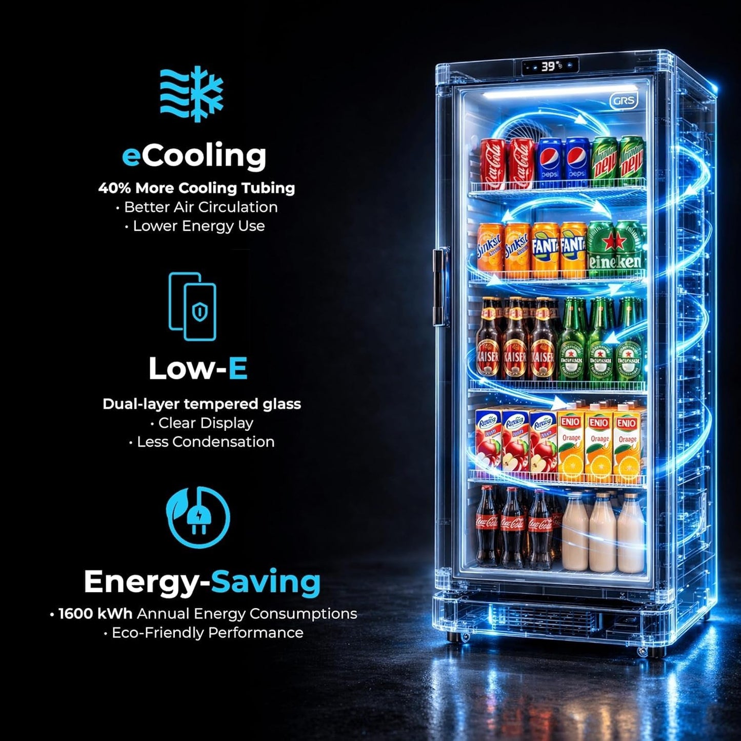 GRS Commercial Display Refrigerator with Glass Door Lock | Cool Air Flow & Temperature | Beverage Cooler, Drink and Wine Fridge with Adjustable Display Shelf for Stores and Bars | Black, 6.0 Cu. Ft
