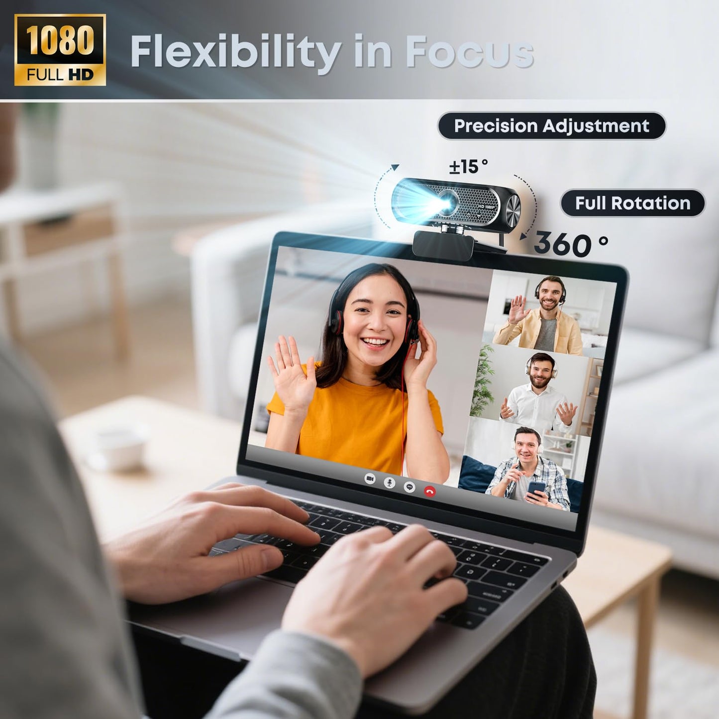 Shcngqio 1080P HD Webcam with Microphone, Noise Cancellation, Privacy Cover, Wide-Angle Lens, Auto Light Correction, Plug & Play USB Webcam for Laptop, Desktop, PC, Mac, Zoom, Skype, Streaming (Black)