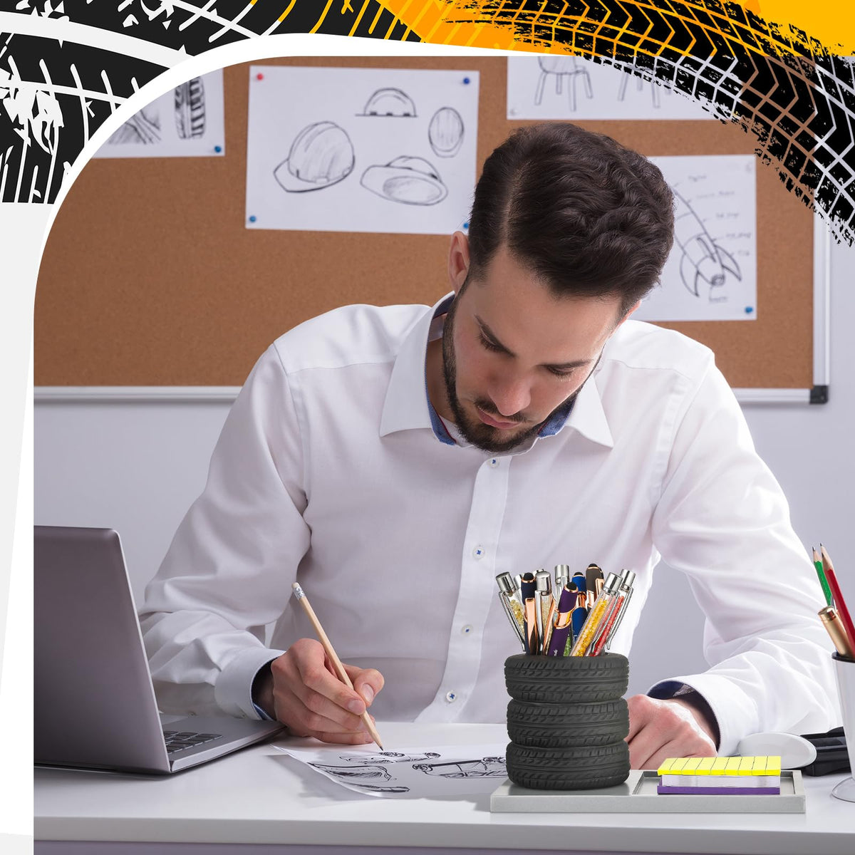 Fullhawl Tire Shaped Pen Holder with Sticky Notes Holder Set Tool Planter Pencil Storage Holder Desk Organizer Home Office Supplies Gift for Mechanics Car Lovers