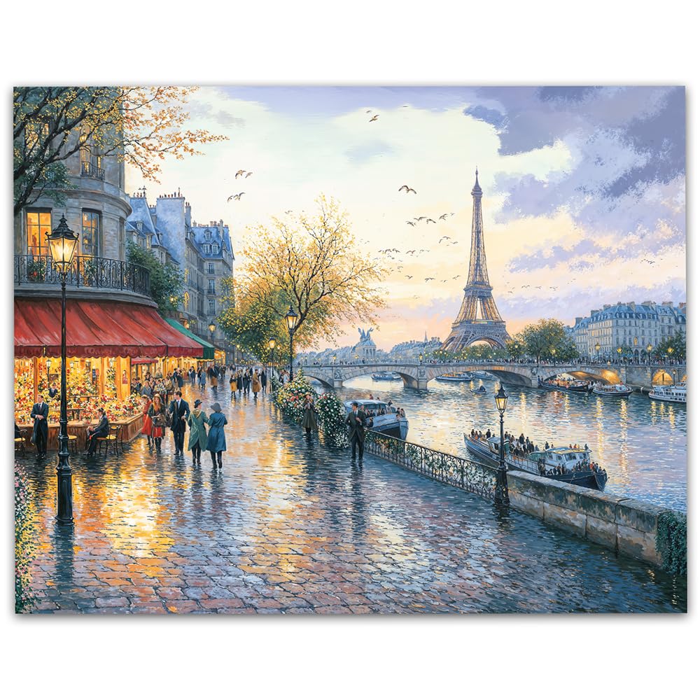 Evening Stroll In Paris: Eiffel Tower And Seine River Cityscape 11x14 Unframed Poster-Romantic French Sunset Painting, Scenic Street Scene, Cobblestone Street, Boat Scene, Parisian Cafe, Dusk Wall Art