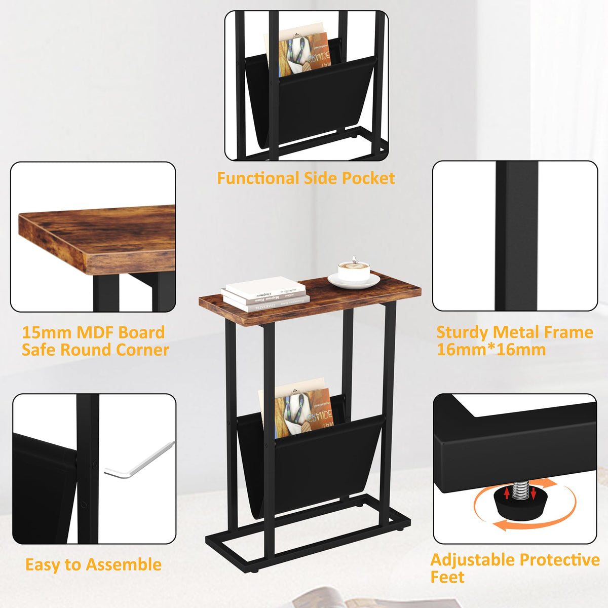 Yusong Narrow Side Table for Small Spaces, Small End Table with Magazine Holder, Skinny Slim Little Thin Table for Living Room, Bedroom, Sofa, Rustic Brown
