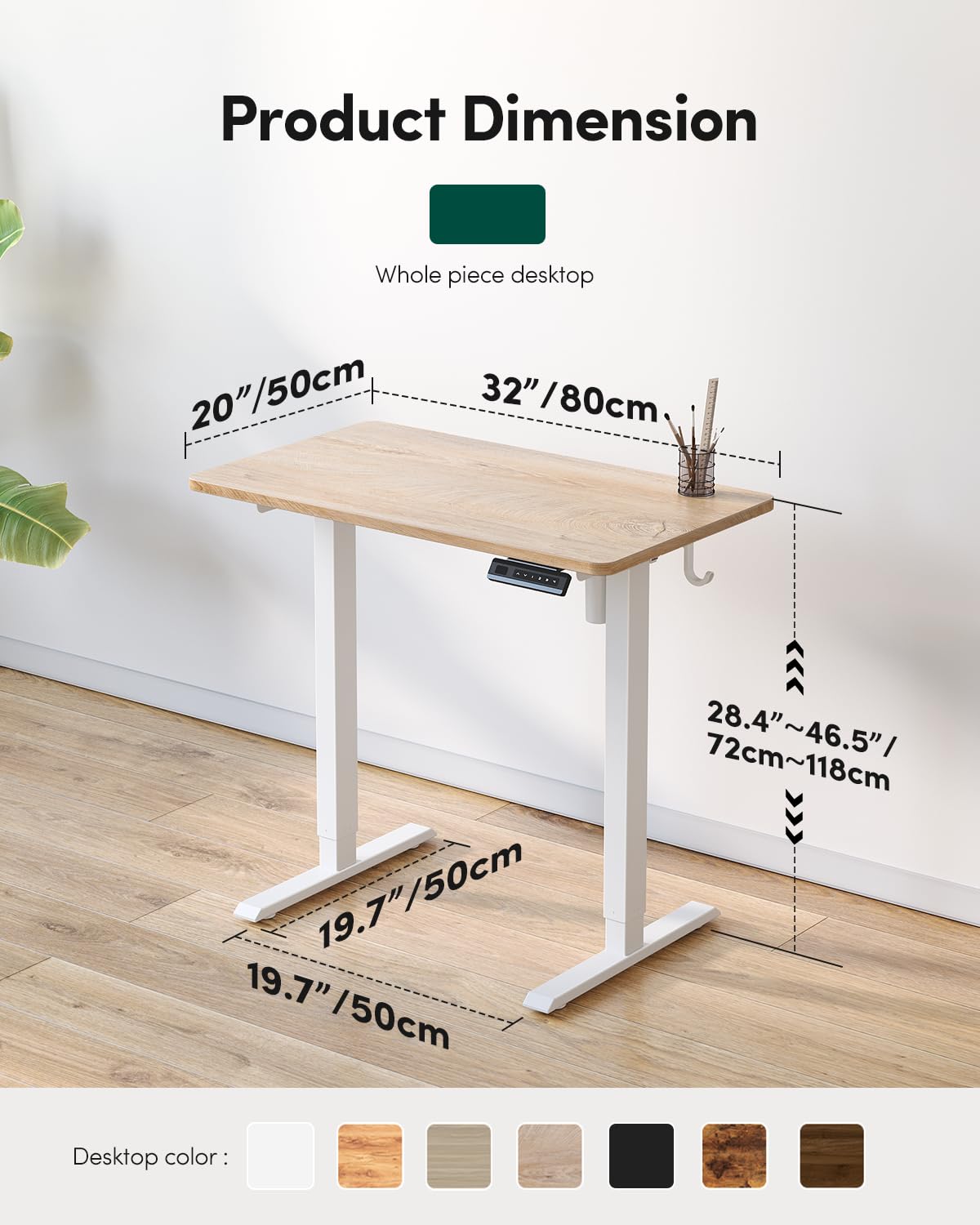 CubiCubi 32 x 20 Small One-Piece Standing Desk, Adjustable Height Electric Computer Sit Stand up Home Office Workstation, with 4 Memory Presets, Headphone Hook, Maple