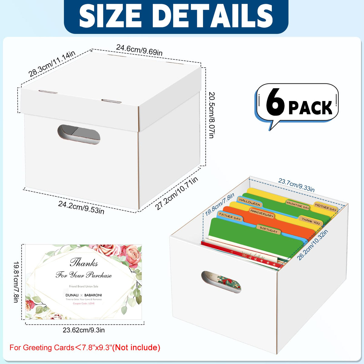 Greeting Card Organizer, 6 Pack Greeting Card Storage Box Holds over 1200 Cards, Greeting Cards Box with 40 Dividers and 208 Self-adhesive Labels, Card Organizer for Photo, Crafts, Envelope, Scrapbook