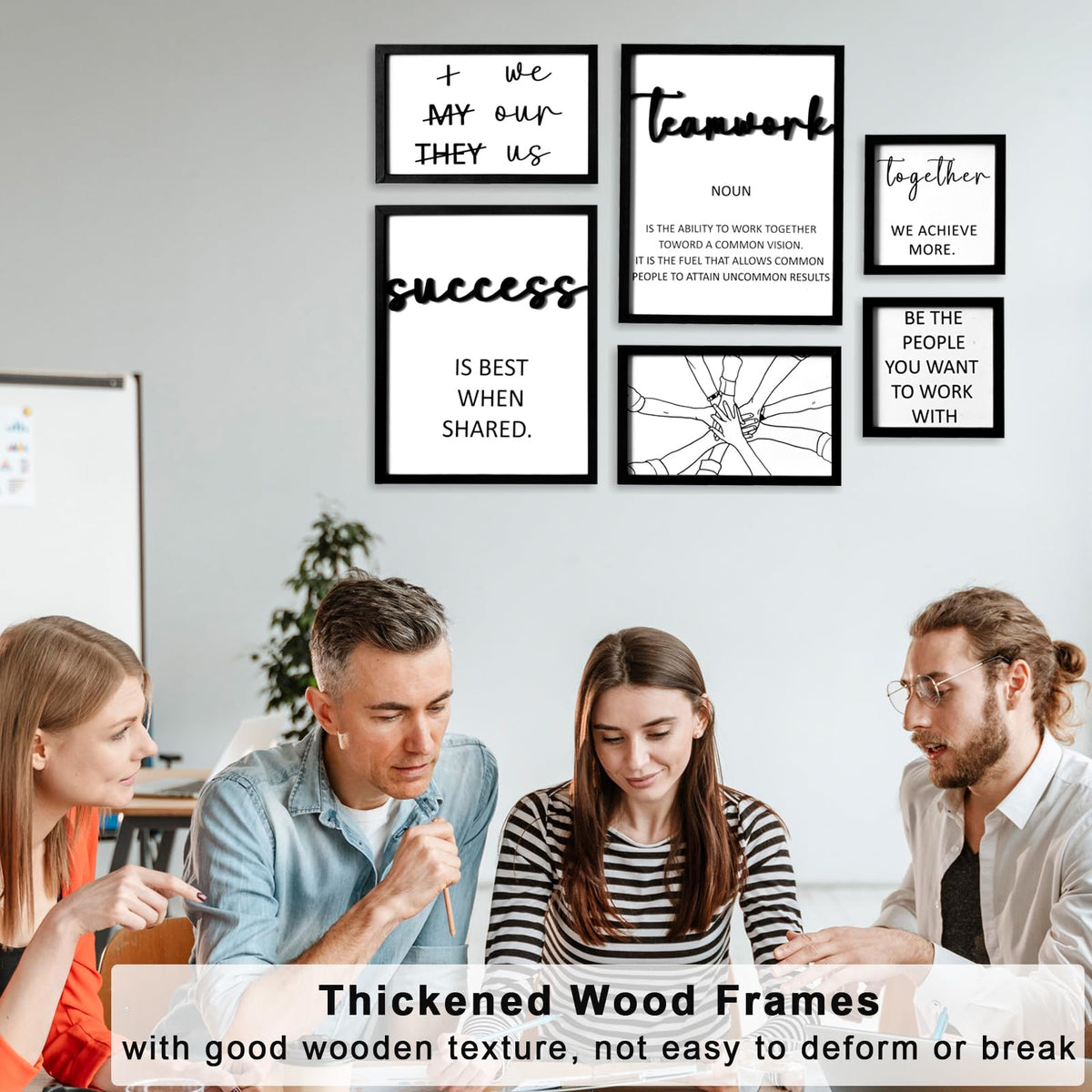 3D Wood Office Wall Art, Framed Inspirational Teamwork Wall Art, Motivational Quotes Wall Decor for Office Break Conference Room (Set of 6, Framed, Ready to Hang)