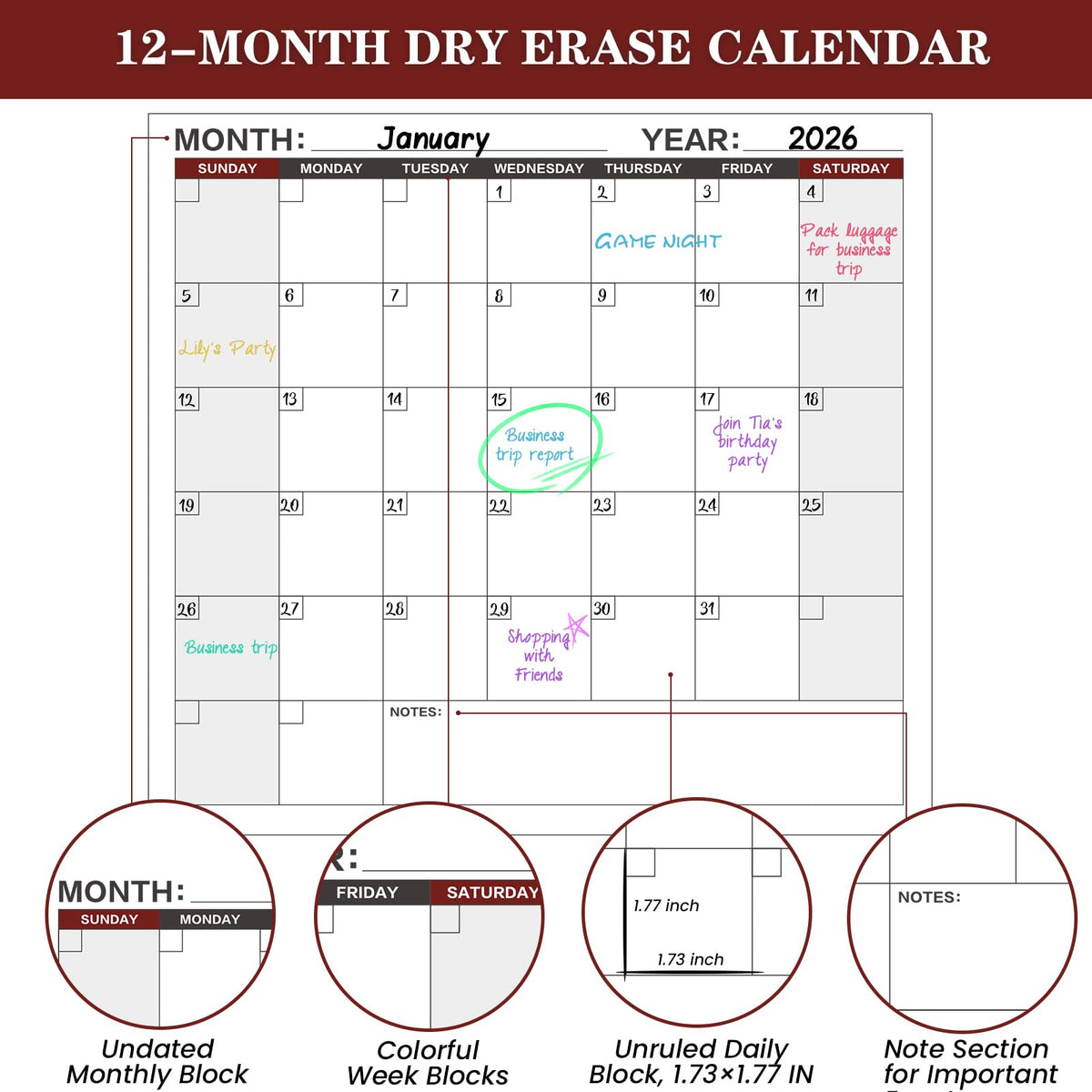 Large Dry Erase Calendar for Wall – Yearly Wall Calendar Dry Erase, 37" x 57.9", 12-Month Undated Erasable & Reusable Laminated Wall Calendar, 15 Round Stickers, Perfect for Home, Office and School - Black With Red