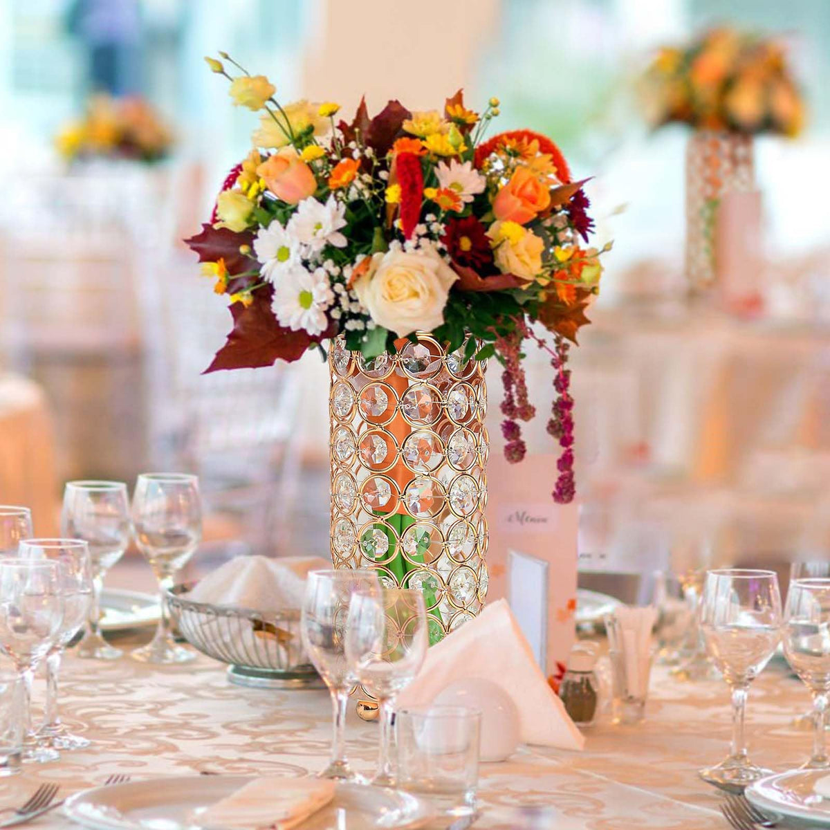 Elegant Crystal Column Vase/Pillar Candle Holder Set, Cylinder Flower Display Tabletop Centerpiece for Weddings & Home Decor (2, Gold)