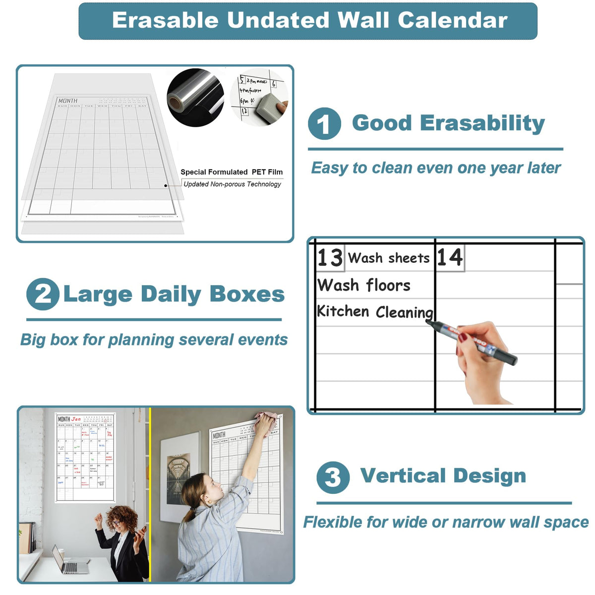 Large Dry Erase Calendar For Wall Monthly,24x36 Inch Big Vertical Blank White Board Calendar Fit to Narrow Wall,Giant Laminated Erasable 30 Day Schedule Planner Poster for Family,Office,Classroom