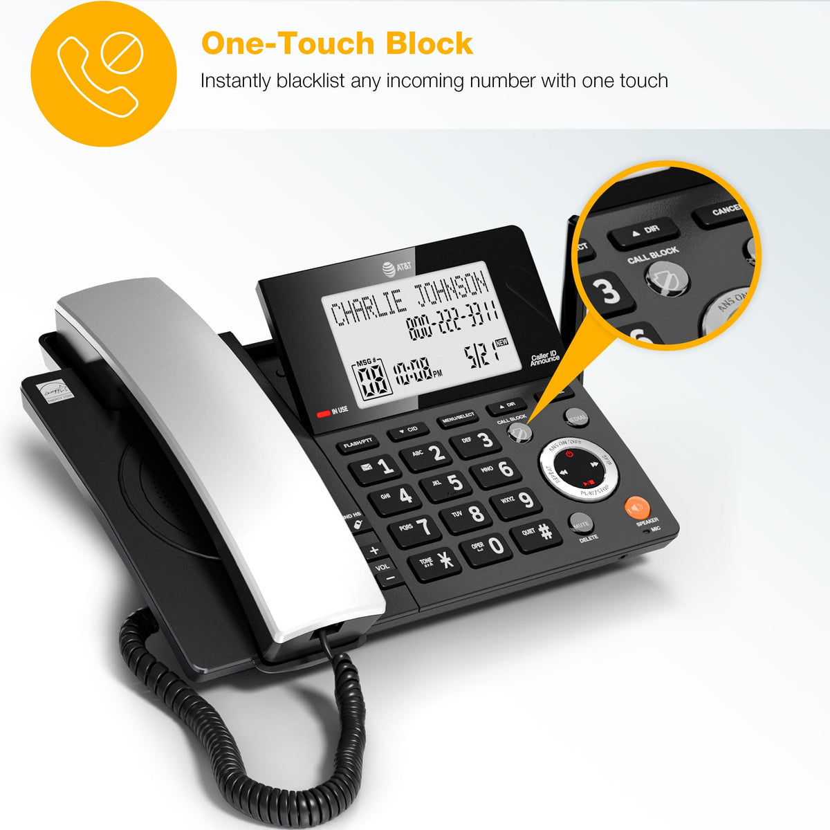 AT&T CL84218 DECT 6.0 Corded/Cordless Phone System with Smart Call Blocker, Answering Machine & 2 Handsets Long Range, Big Buttons for Seniors, Charcoal Black
