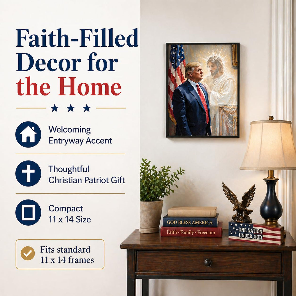 The Grace of God: Jesus & Trump Inspirational Painting 11x14 Unframed Poster - Religious Art Faith Leadership MAGA American Flag Patriotic Artwork for Home Office, Living Room, Conservative Christians