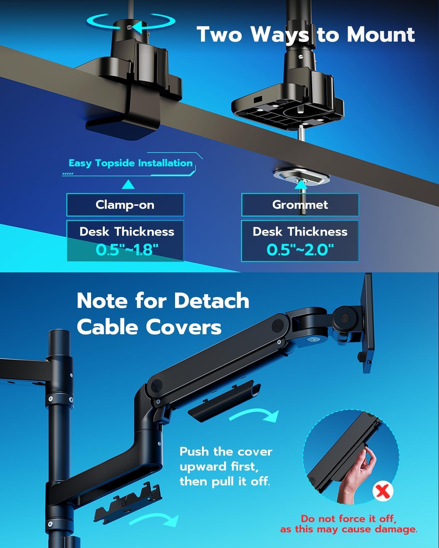 ARES WING Dual Monitor Arm for Ultrawide Heavy Duty Curved Monitor Stacking, Fits 17-49 Inch, Vertical Gas Spring Double Monitor Stand with USB, Adjustable Dual Monitor Mount for Desk, Black