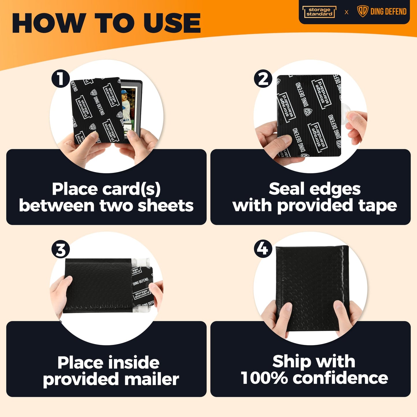Ding Defend Card Shipping Protector Envelope Bubble Mailer Kit with 110 Card Shipping Protectors (3.5x4.5 Inches), 55 Bubbles Mailers, 250 Tape Seals for Collectible Cards - Black