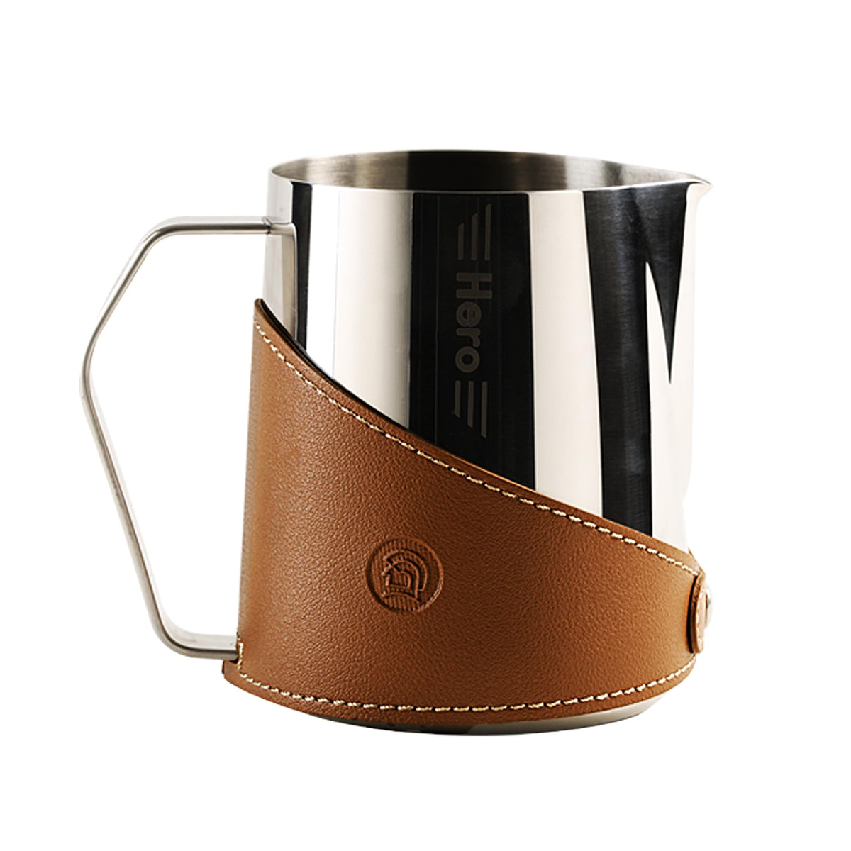 CUFEJORO Milk Frothing Pitcher 450ml/16oz 304 Stainless Steel Espresso Steaming Pitcher with PU Leather, Milk Frothing Jug,milk frother cup,Milk Jug Cup,Premium Barista Tools,Latte Art (Bright,16oz)