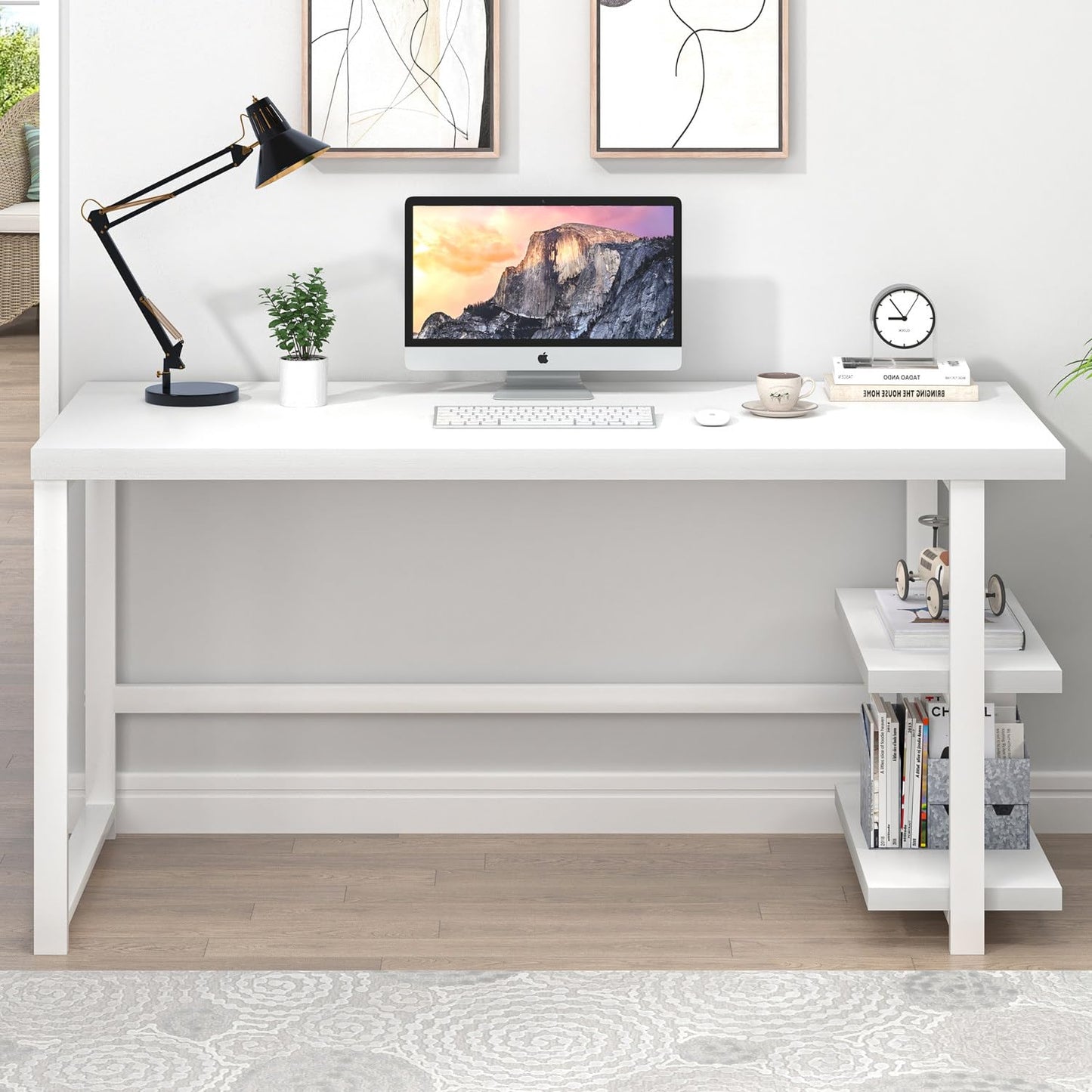 EXCEFUR White Computer Desk, Modern Home Office Desk with Storage Shelf, Wood and Metal Writing Study Table for Living Room Bedroom, 53 Inch