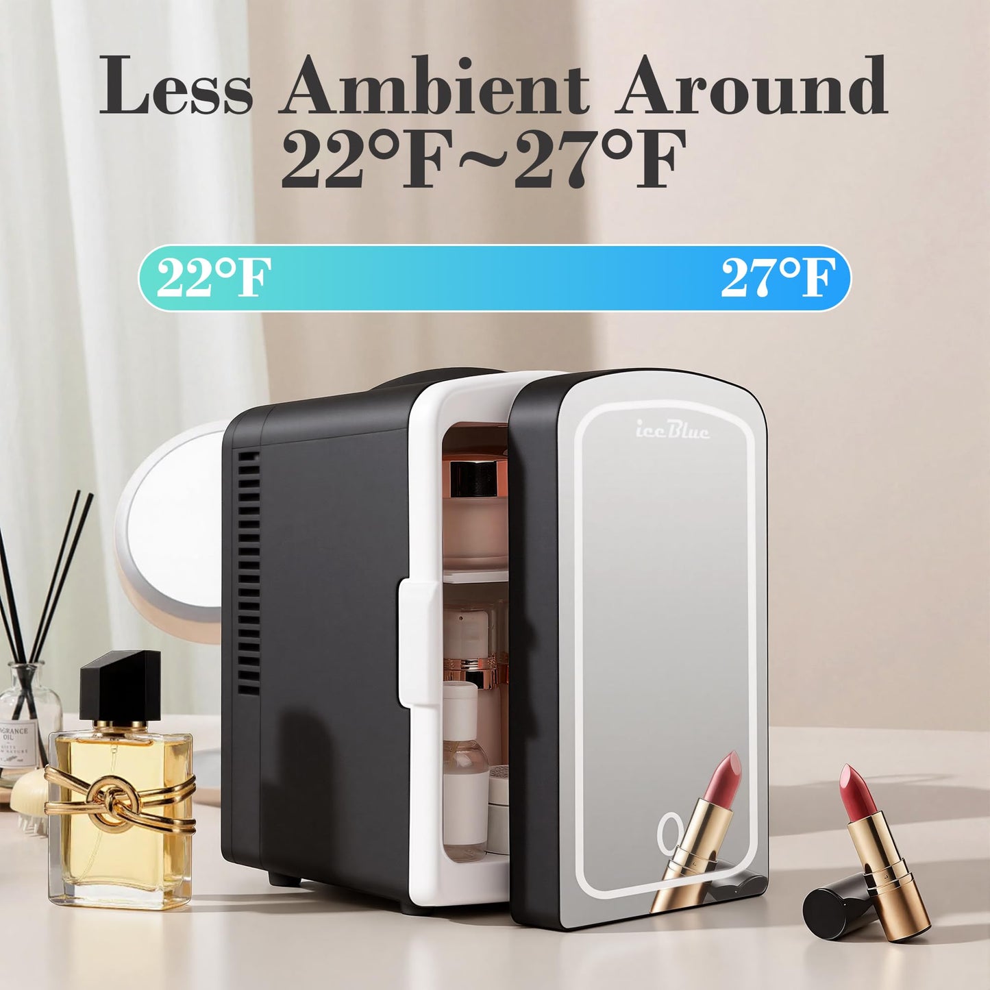 Iceblue Mini Fridge, Skincare Fridge with Dimmable LED Light Mirror, 4 Liter /6 Cans Small Refrigerator for Beauty & Beverages,Mini Fridge for Bedroom, Car, Office & Dorm, Gift - Black