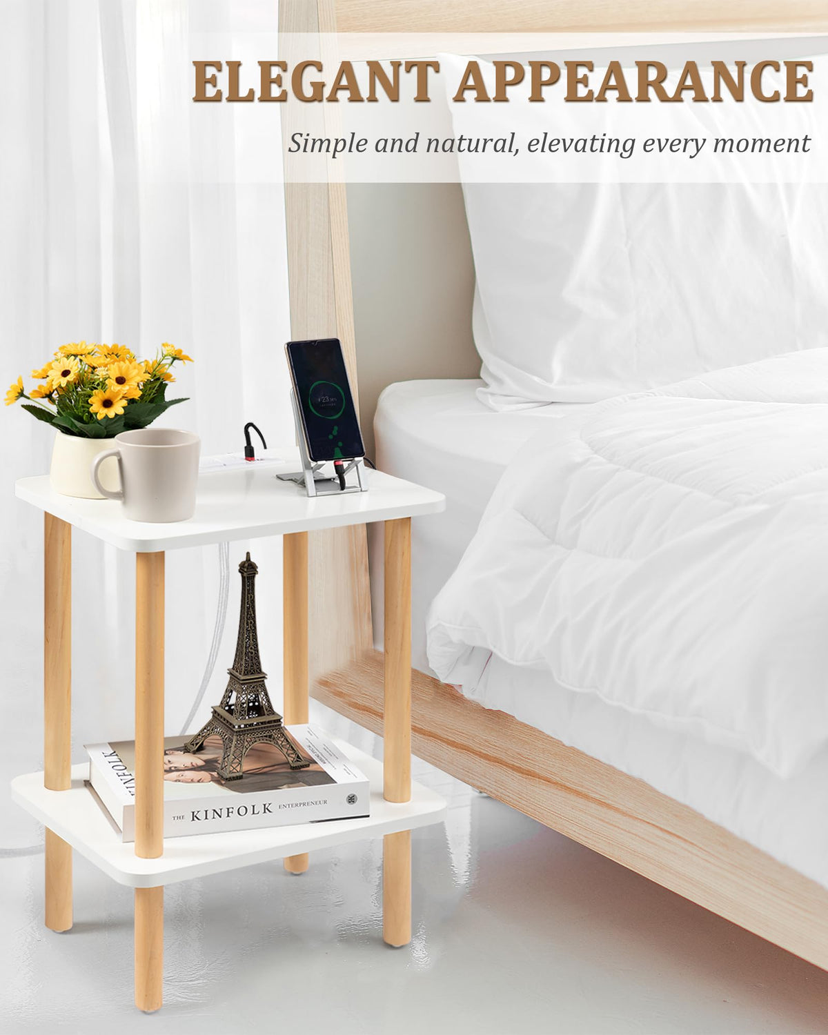 FORAOFUR End Table with Charging Station, End Tables with USB Ports and Outlets, Small Side Table for Living Room, Bedroom & Office, Two-Tier Narrow Side Table, Easy Assembly