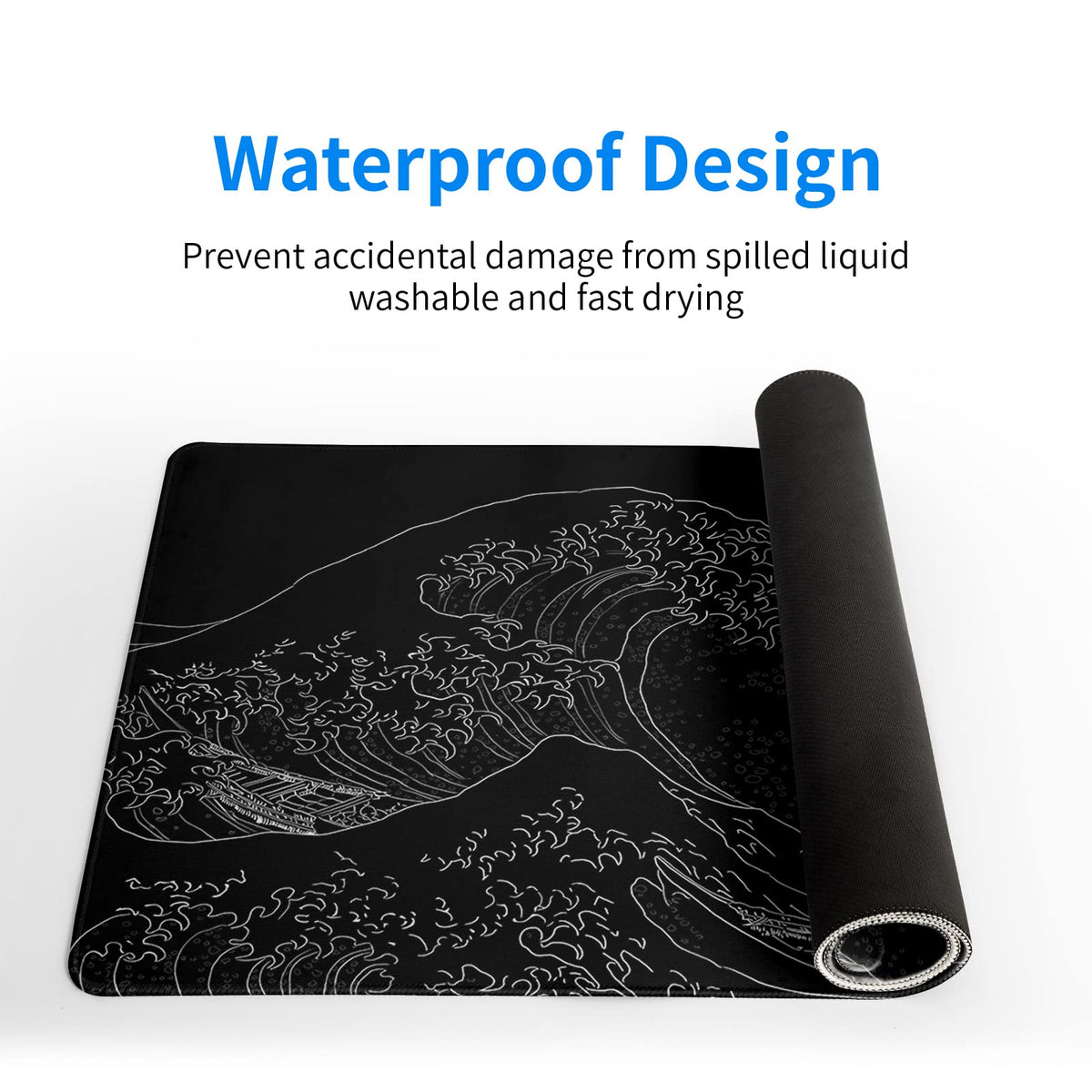 Brecoy Japanese Sea Wave Large Mouse Pad, Anime Black Gaming, Extended Kanagawa Mat Desk Pad, 3mm Thick Long Non-Slip Rubber Base Mice Pad, 31.5 X 11.8 Inch